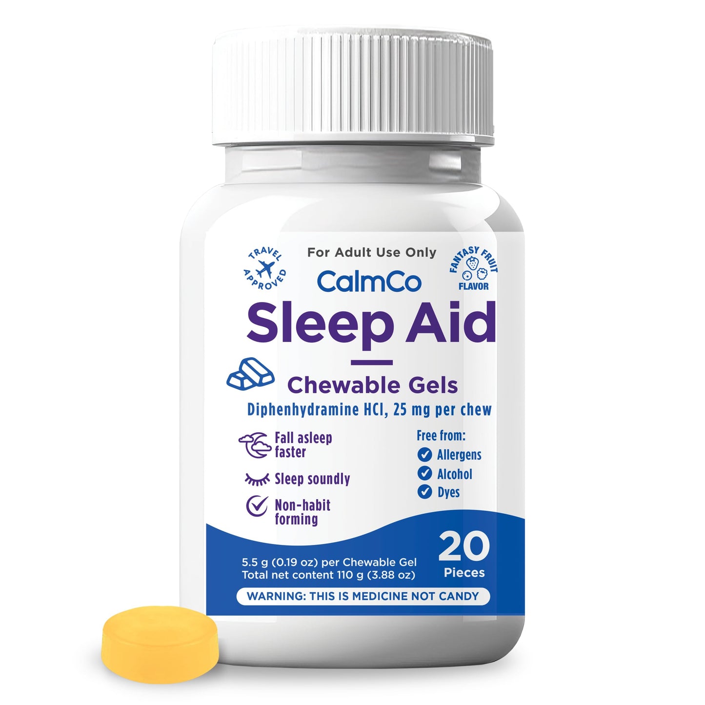 CalmCo Adult Sleep Aid Gummy Chewables – Nighttime Sleep Support with Diphenhydramine HCl 25 mg, Non-Habit Forming, Fantasy Fruit Flavor, 20 Count