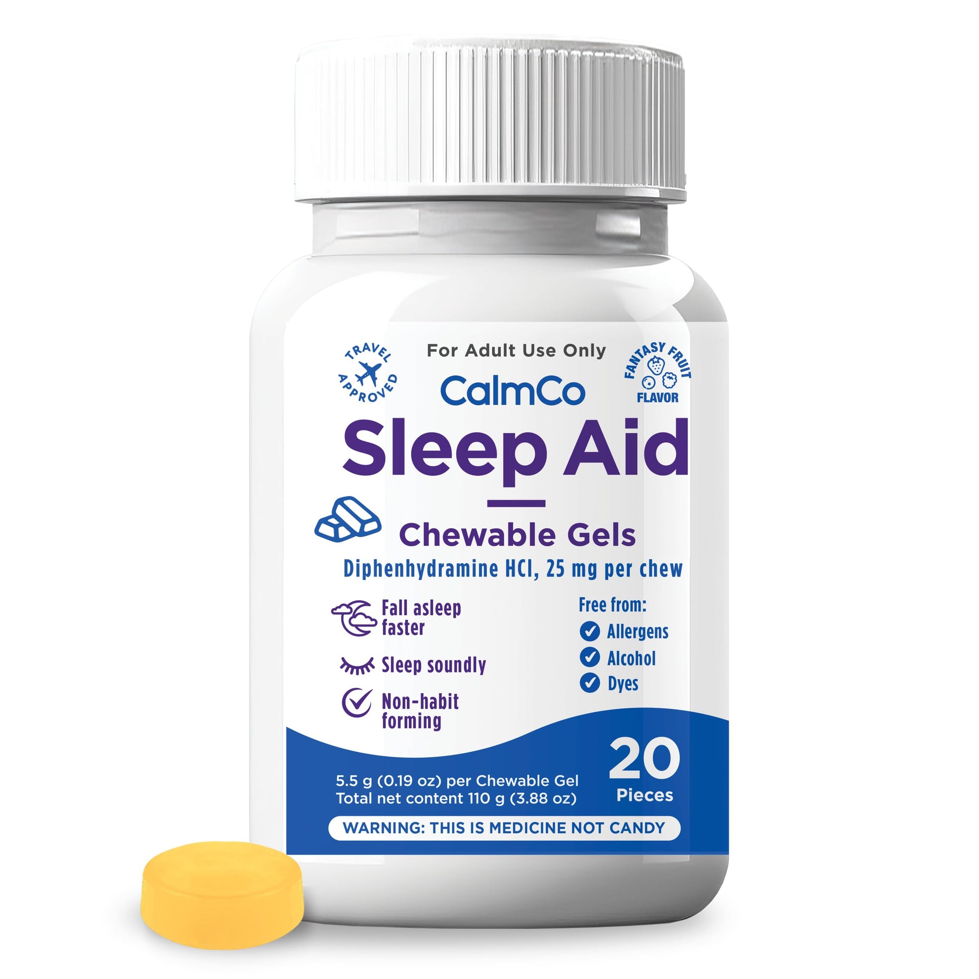 CalmCo Adult Sleep Aid Gummy Chewables – Nighttime Sleep Support with Diphenhydramine HCl 25 mg, Non-Habit Forming, Fantasy Fruit Flavor, 20 Count