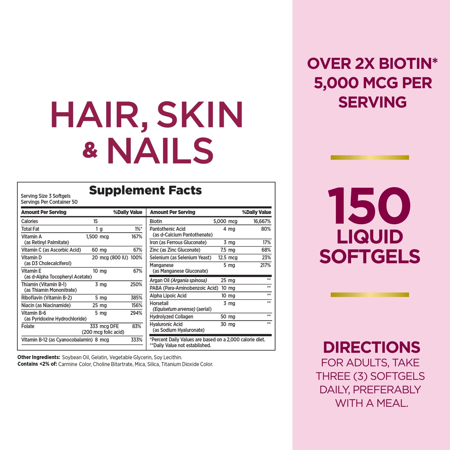 Nature's Bounty Advanced Hair, Skin & Nails, Argan-Infused Vitamin Supplement with Biotin and Hyaluronic Acid Softgels, 300 Count