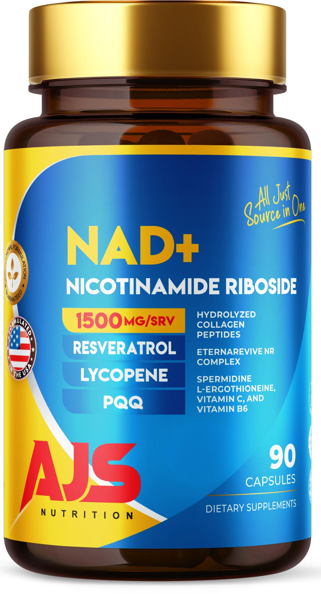 AJS Nutrition NAD+ Cellular Energy NR Supplement with PQQ, Resveratrol, Lycopene, Spermidine, L-Ergothioneine, and Collagen Peptides, 90 Capsules
