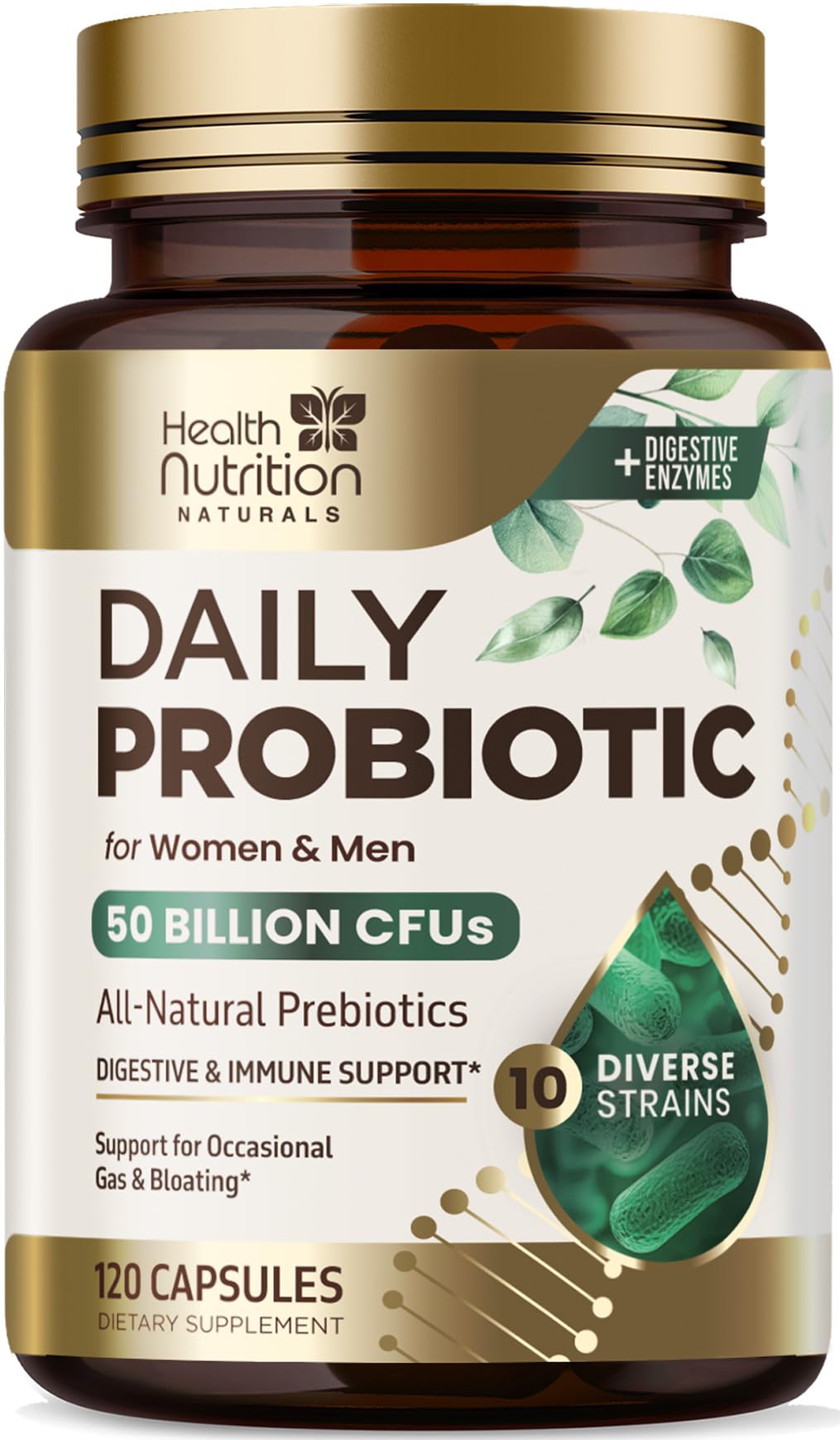 Health Nutrition Naturals Probiotics with 10 Strains + Prebiotics, 50 Billion CFU per Serving - Digestive Health & Immune Support, 120 Capsules