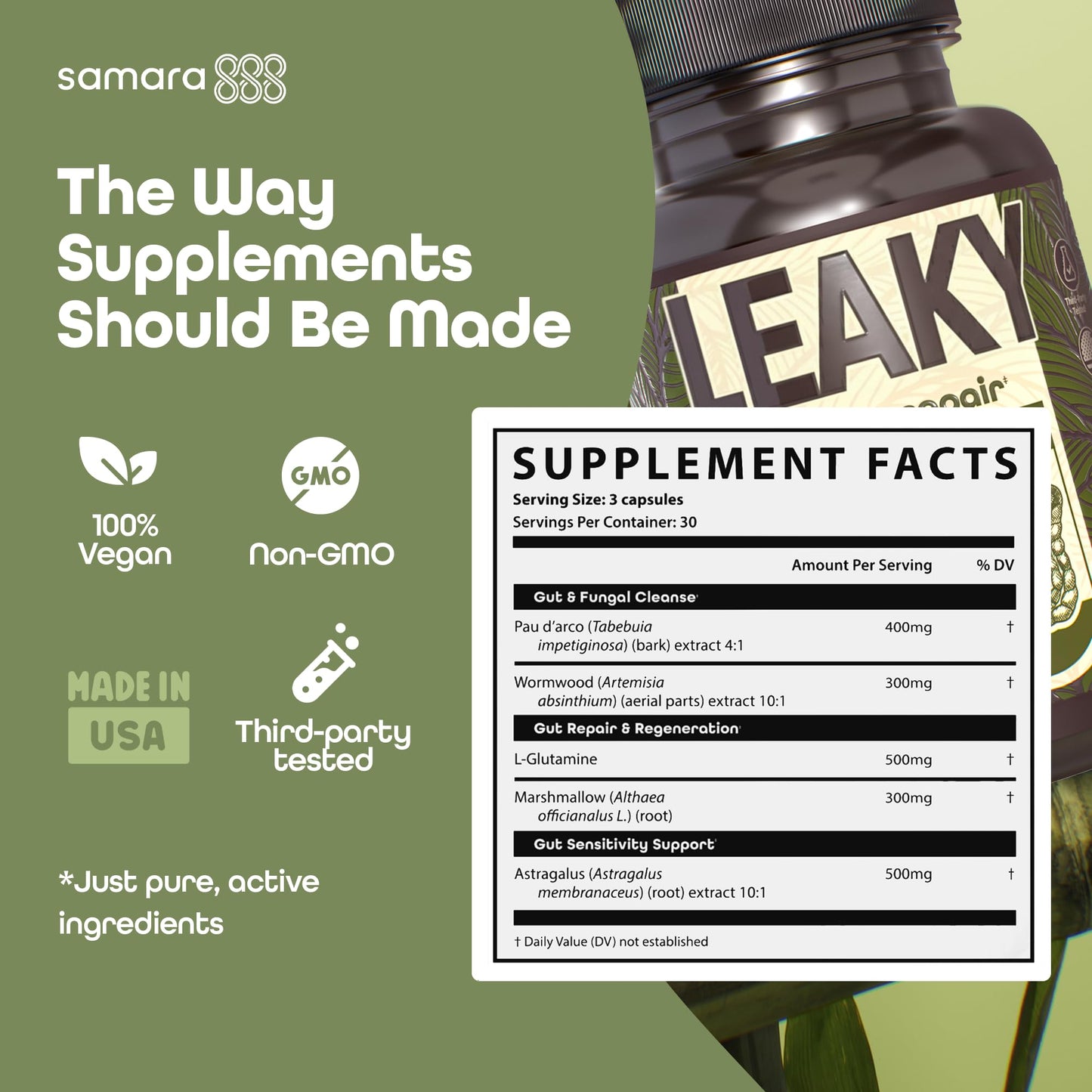 Samara 888 Leaky Gut Repair Supplement & Candida Support with Marshmallow Root, Wormwood and Pau D'Arco - Liver Cleanse Detox & Repair - Supports Gas Relief for Adults - 90 Capsules