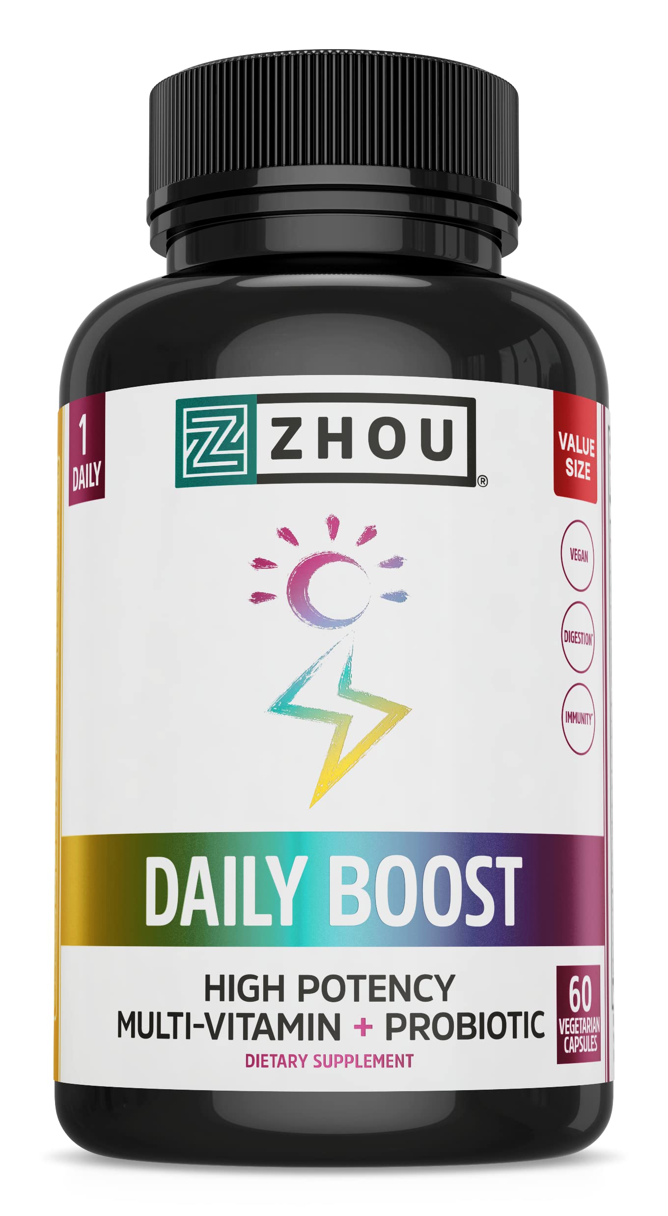 ZHOU Daily Boost Multivitamin with Probiotic, Zinc, Vitamin C, D3, B Complex Capsules, 60 Count