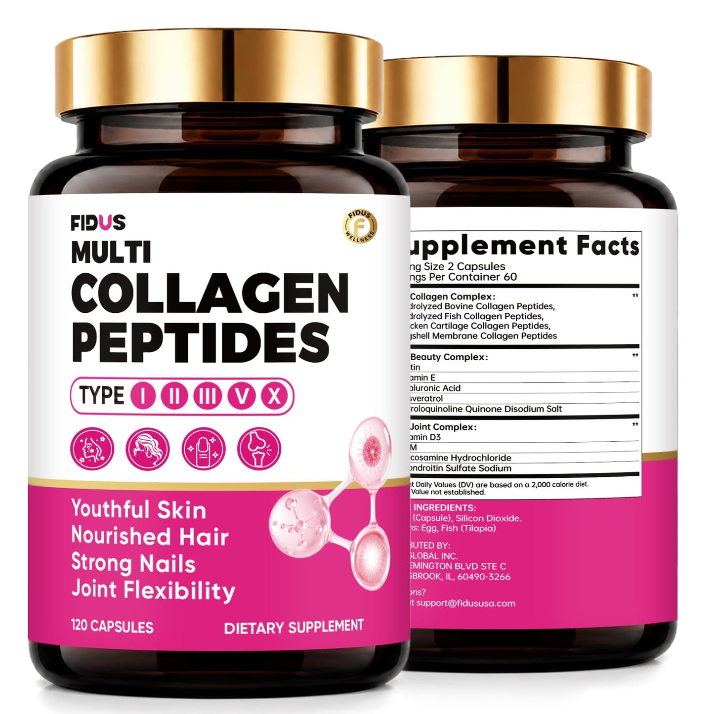 Fidus Multi Collagen Peptides Capsules with Biotin 10000mcg, Hyaluronic Acid & MSM Type I, II, III, V & X Hydrolyzed Collagen for Women, 120 Capsules