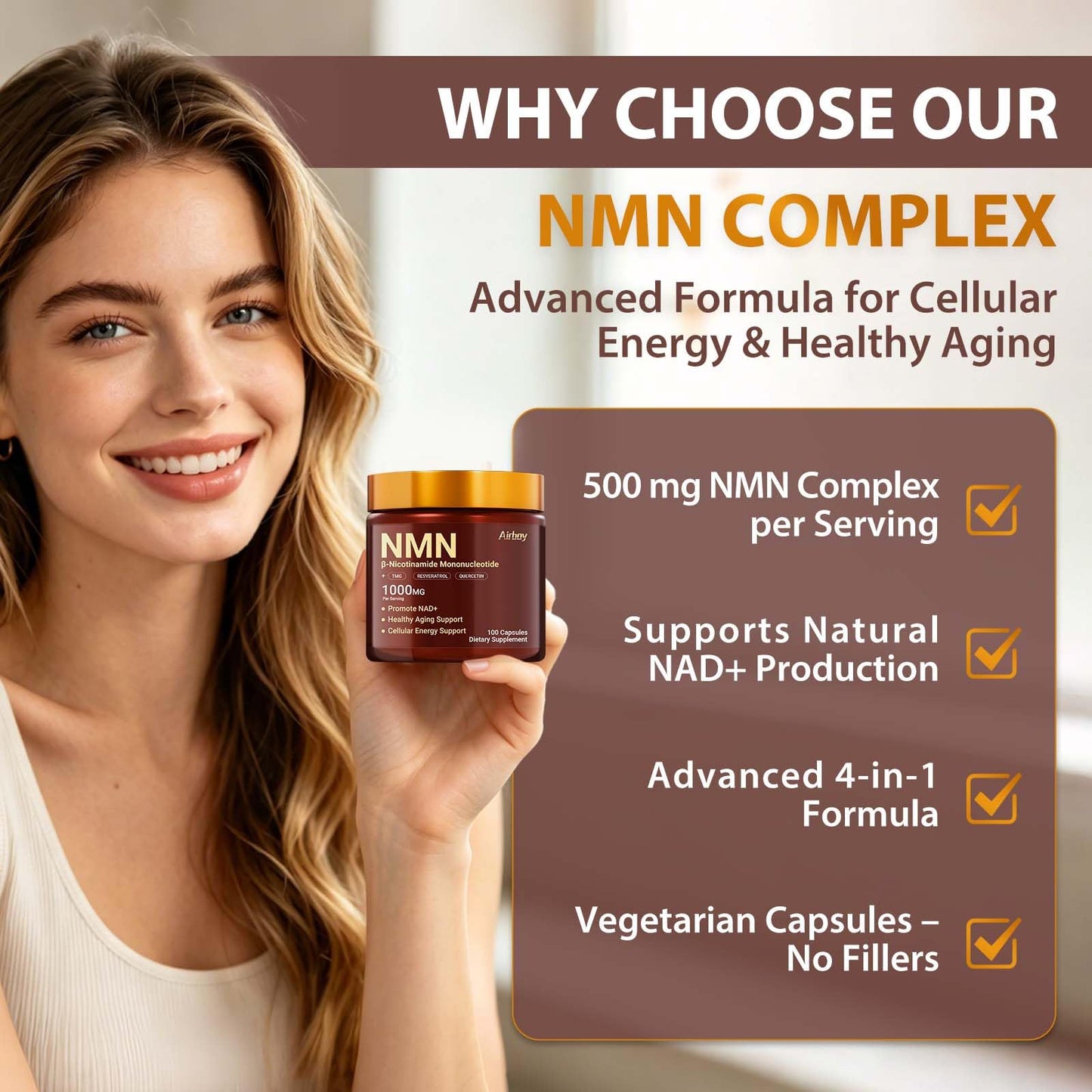 Airboy NMN Supplement 1000mg, 4-in-1 NAD+ Supplement with Nicotinamide Mononucleotide, Resveratrol, TMG, Quercetin Capsule 100 Count