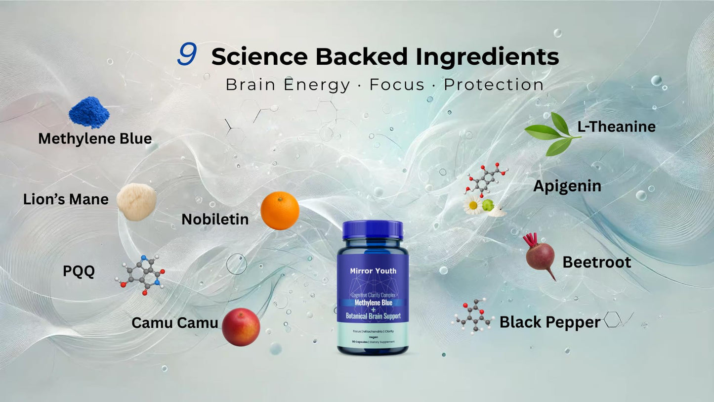 Mirror Youth Methylene Blue Supplement – USP Grade Nootropic Capsules with PQQ, Lion’s Mane, L-Theanine, Nobiletin – Vegan, Caffeine-Free Brain, Memory & Energy Support, 90 Capsules