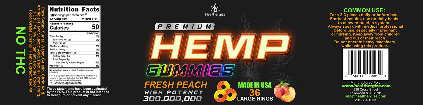 Healthergize Hemp Gummies Sleep Peach Ring Gummy Bears, 36 Count