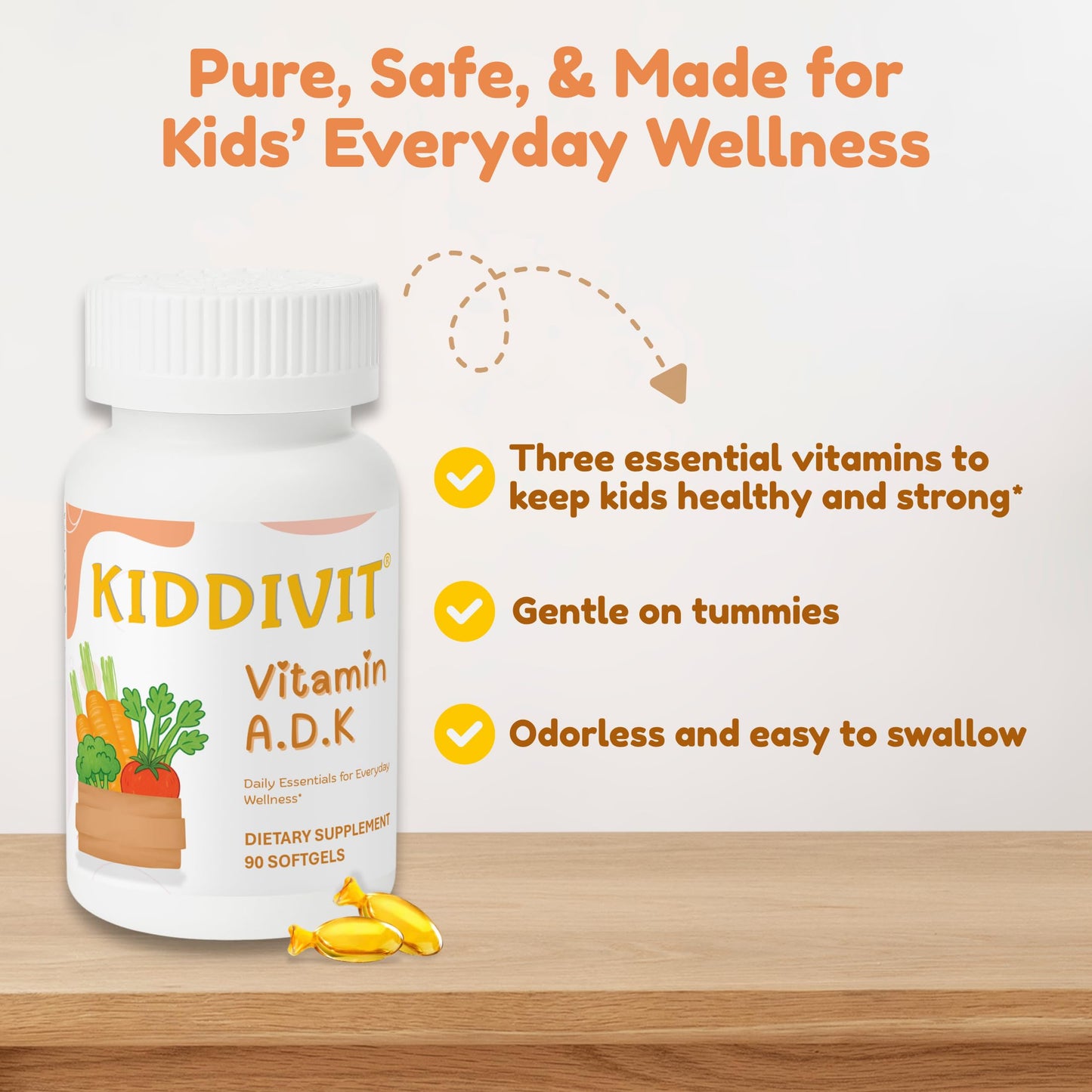 Kiddivit Vitamin A D K Supplement for Kids Softgels, 90 Count