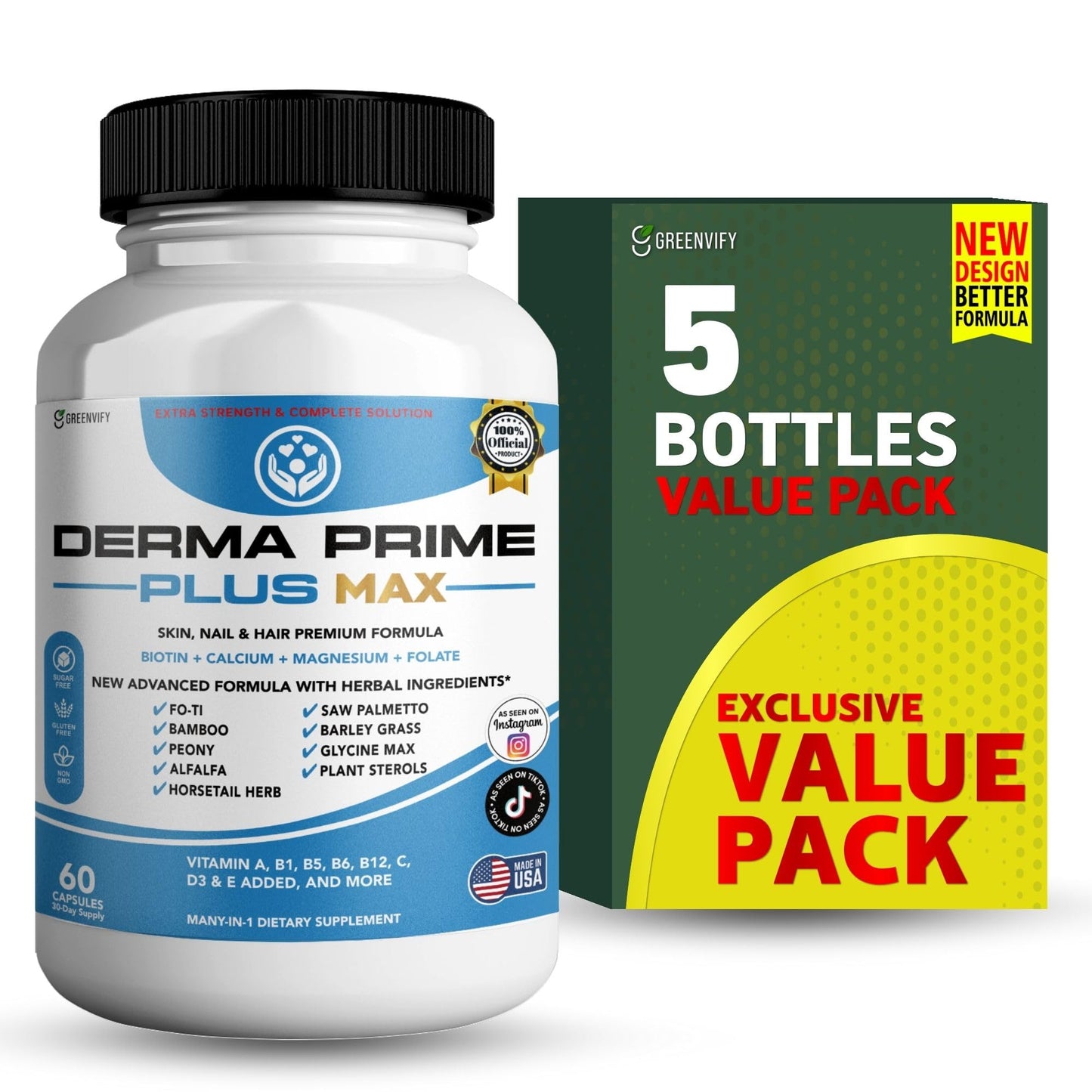 GREENVIFY Derma Prime Plus Max Hair Skin Nail Supplement 300 Capsules
