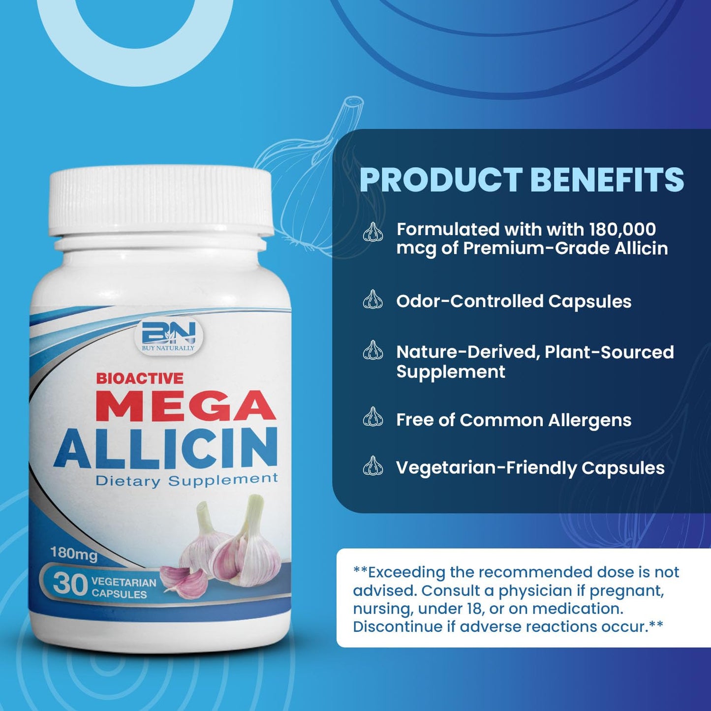 BuyNaturally Allicin Supplement 100% Stabilized from Garlic, Odor-Controlled Extract Capsule 30 Count
