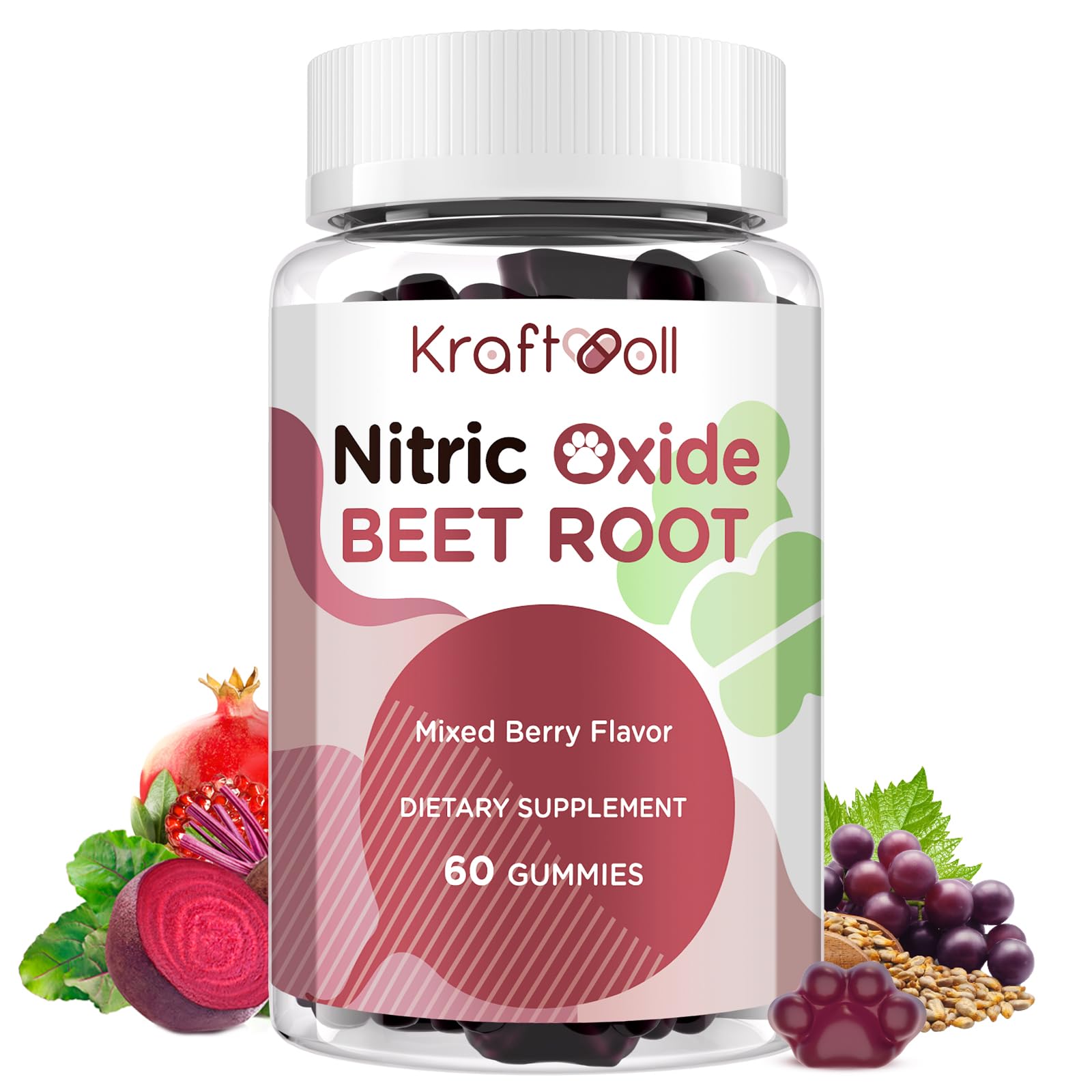 Kraftvoll Beet Root Gummies 6000mg Nitric Oxide Booster with Grape Seed, Pomegranate, Vitamins C & B12 – Mixed Berry Flavor, 60 Gummies