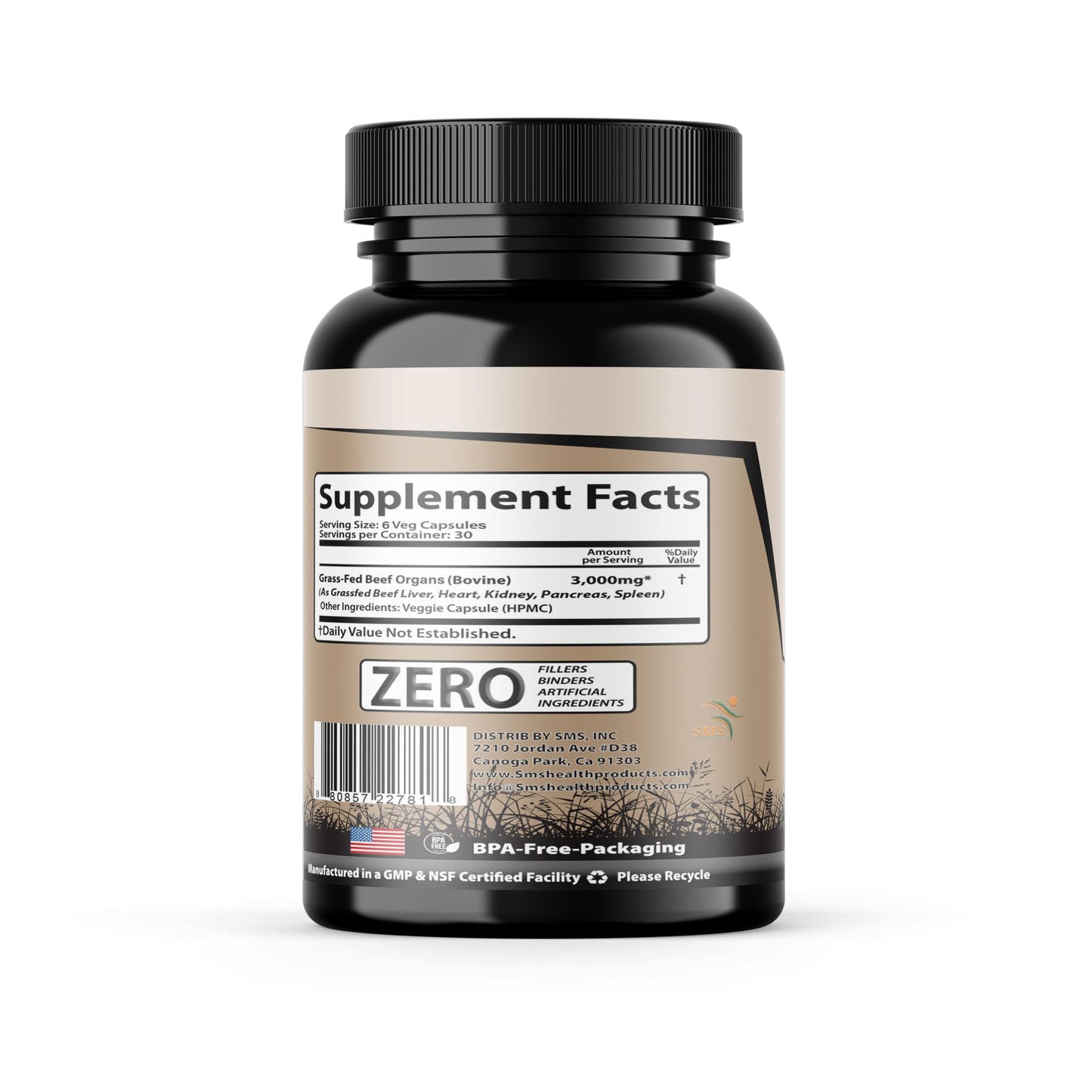 SMSHEALTHPRODUCTS.com Beef Organ Supplement - Grass Fed & Pasture Raised Organ Complex, 3000mg Desiccated Beef Liver, Heart, Kidney, Pancreas, Spleen - 180 Capsules
