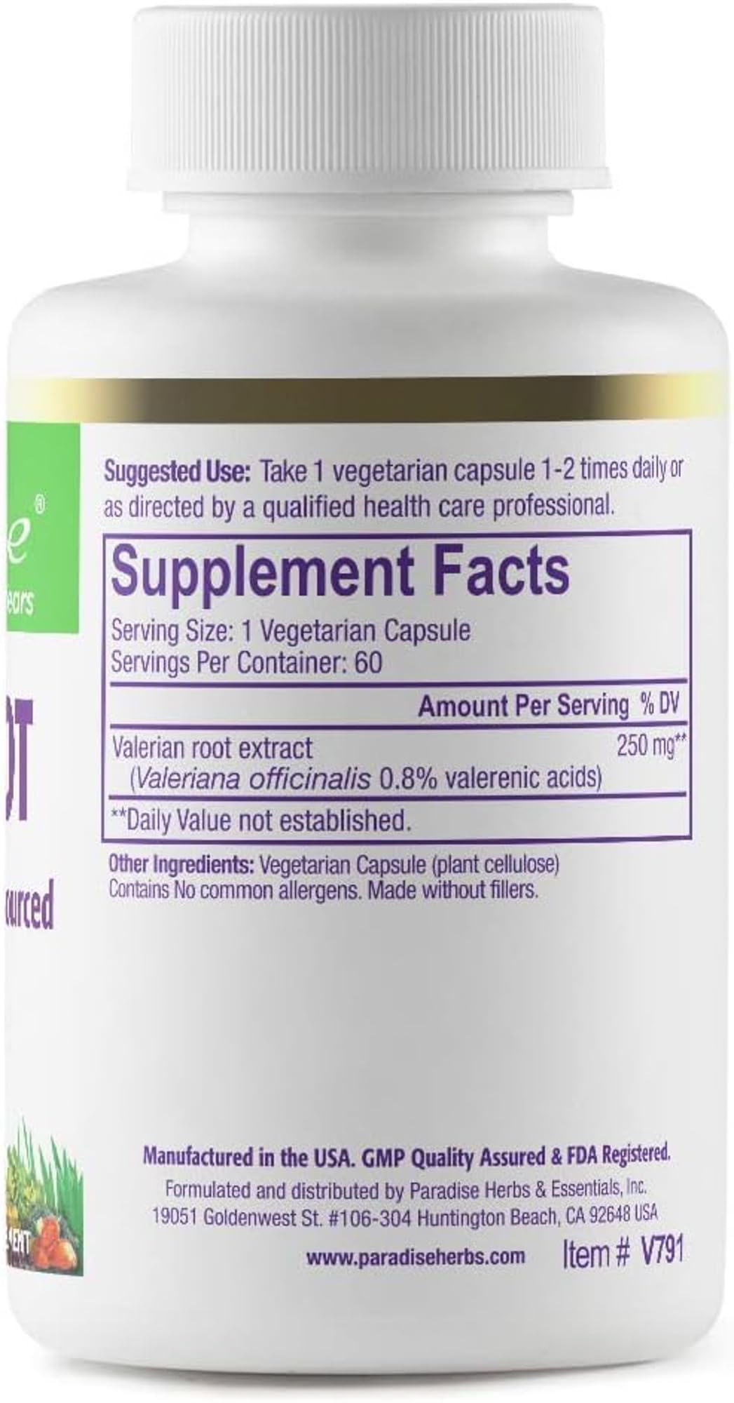 Paradise Herbs Valerian Root, European Sourced Active Whole Spectrum Extract, 250 mg, 60 Vegetarian Capsules
