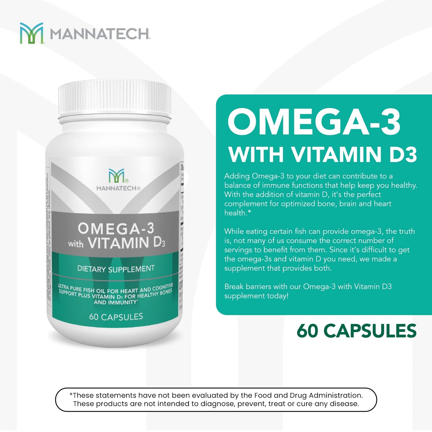 Mannatech Omega-3 with Vitamin D3 for Bone, Heart Health and Cognitive Support, 60 Capsules