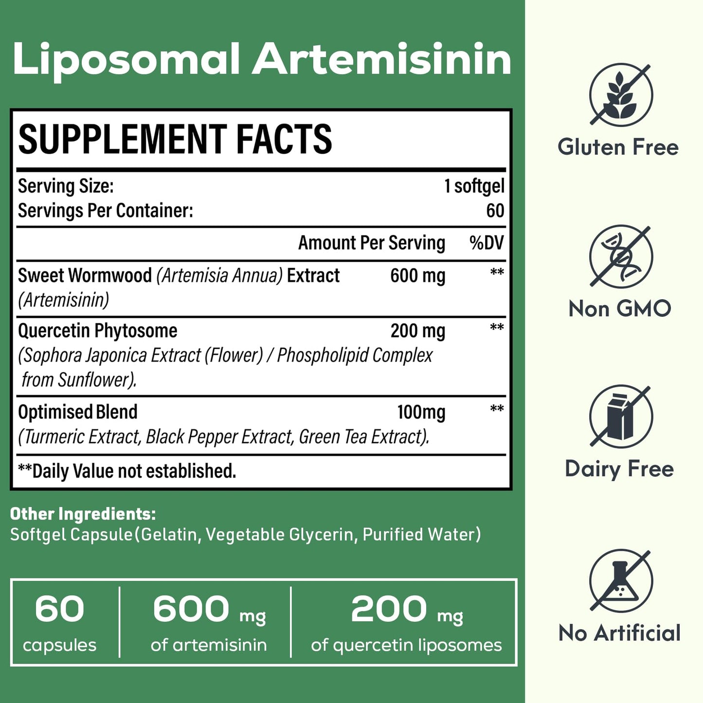 Osasuna Liposomal Artemisinin 900 mg with Quercetin Phytosome 200 mg from Sweet Wormwood Extract (Artemisia annua), Softgels 120