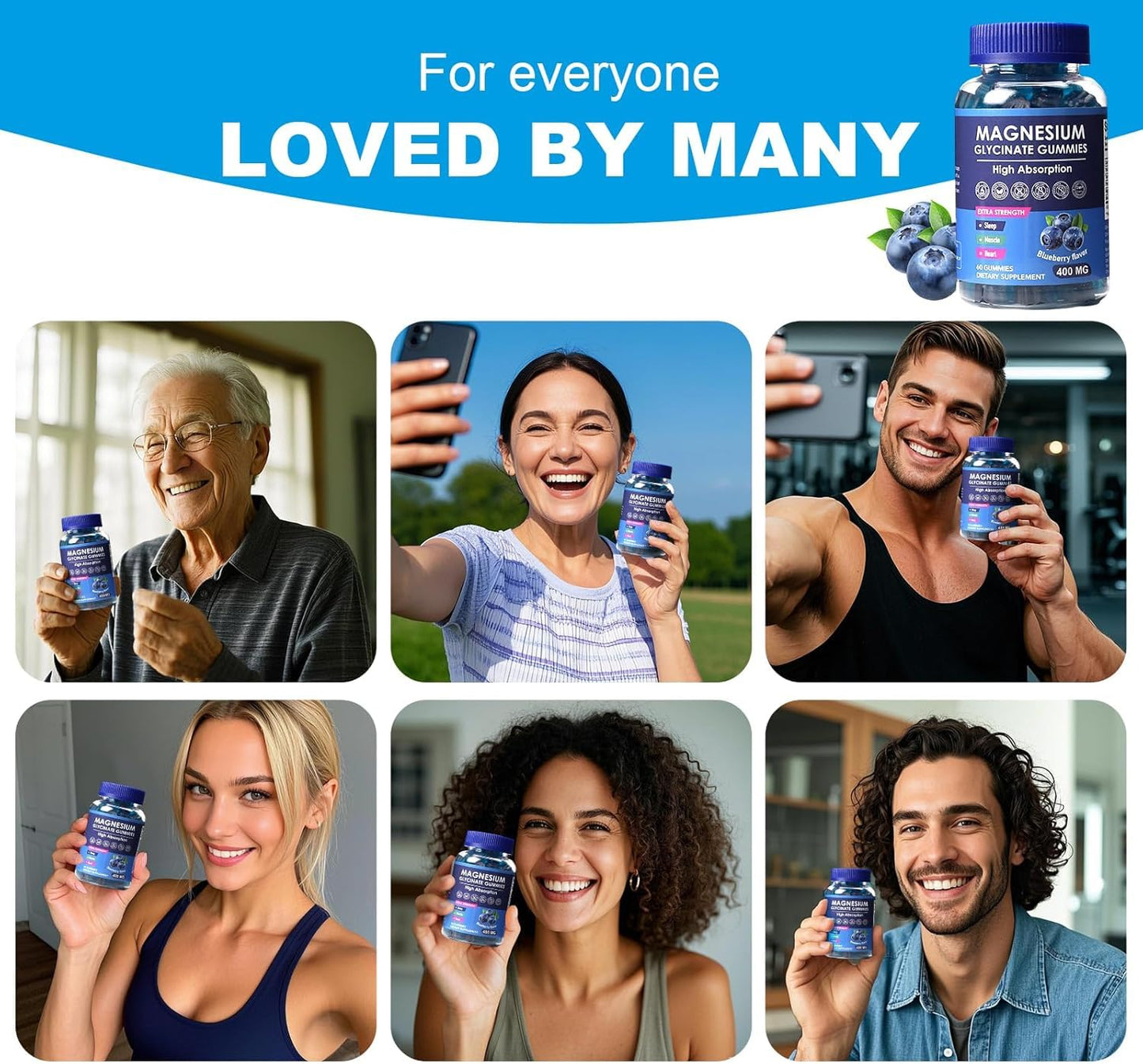 HISOKOI Magnesium Glycinate Gummies 400mg Blueberry Flavor, 60 Gummies