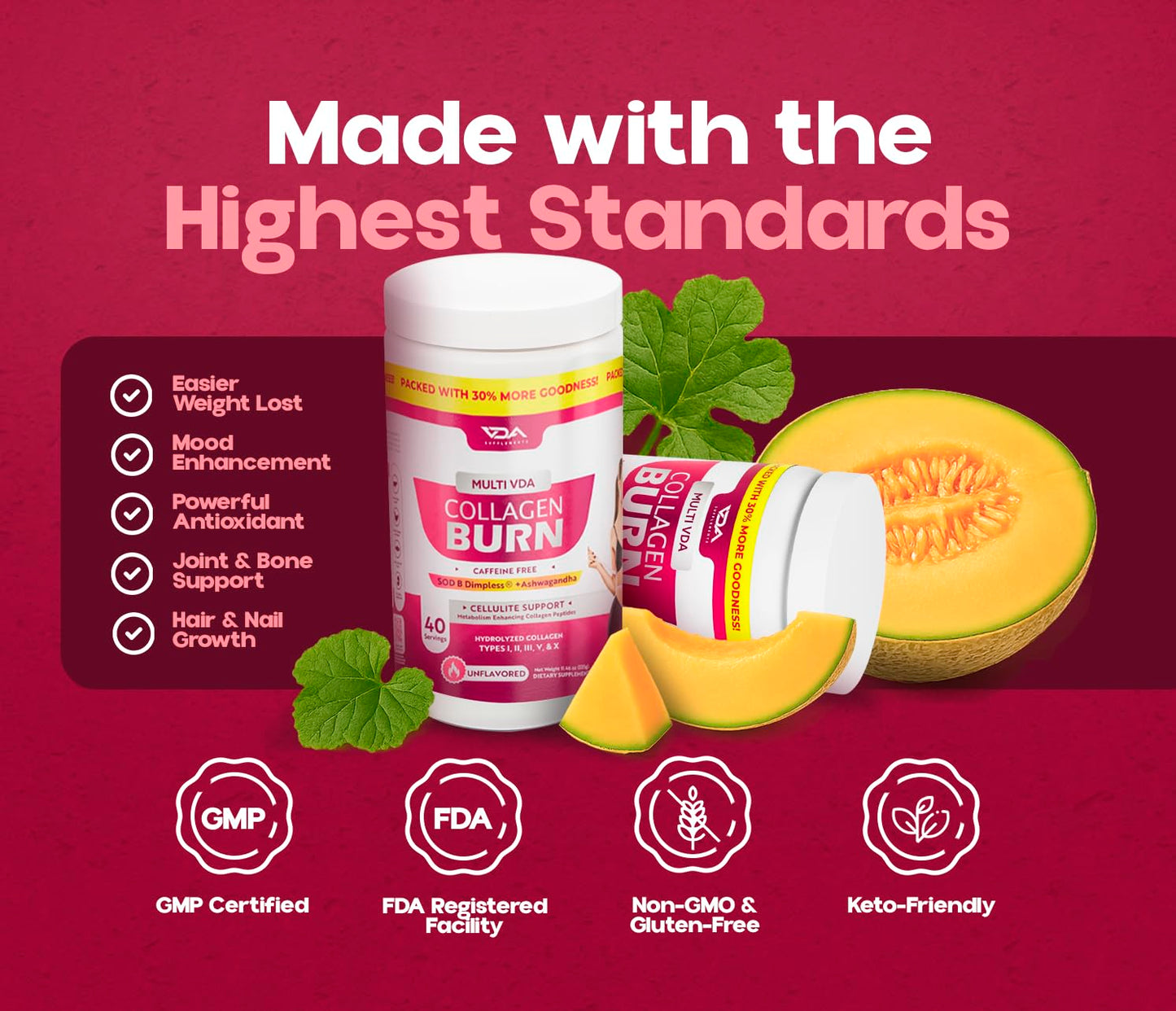 VDA Supplements Hydrolyzed Collagen Powder for Weight Loss - Burn Ultimate Beauty Complex Multi Peptides Powder for Women with Types I II III V and X for Fat Burning Support Unflavored 11.46 Ounce, 40 Servings