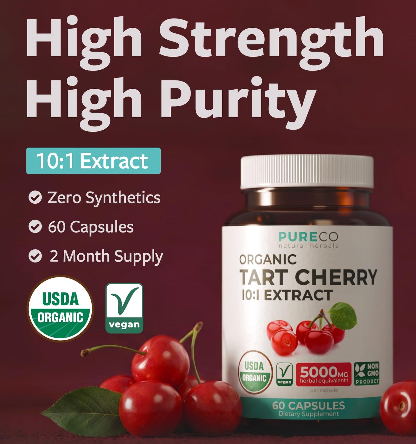 PURE CO Tart Cherry Capsules, USDA Organic, 500mg 4:1 Organic Tart Cherry Extract per Capsule, 60 Capsules
