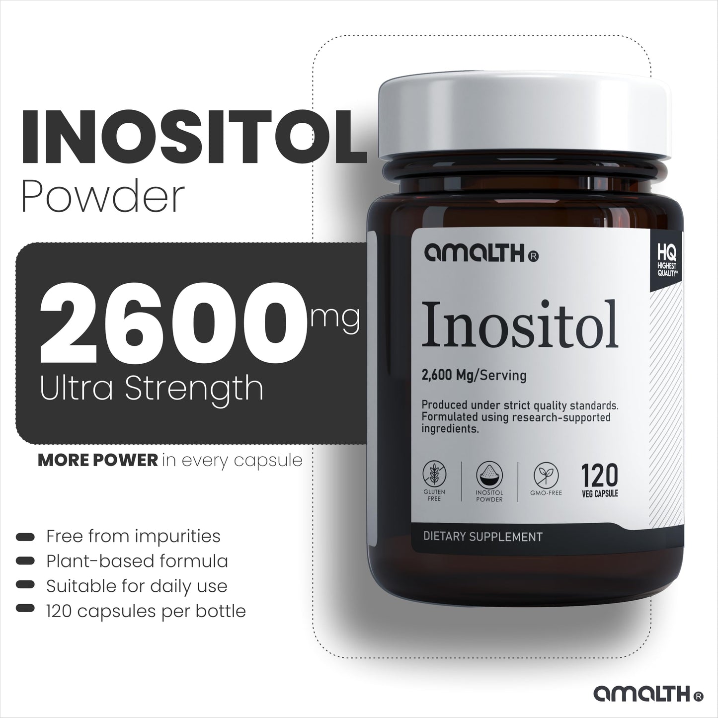 AMALTH Inositol Capsules 2600 mg Myo-Inositol Supplement, 120 Veg Capsules
