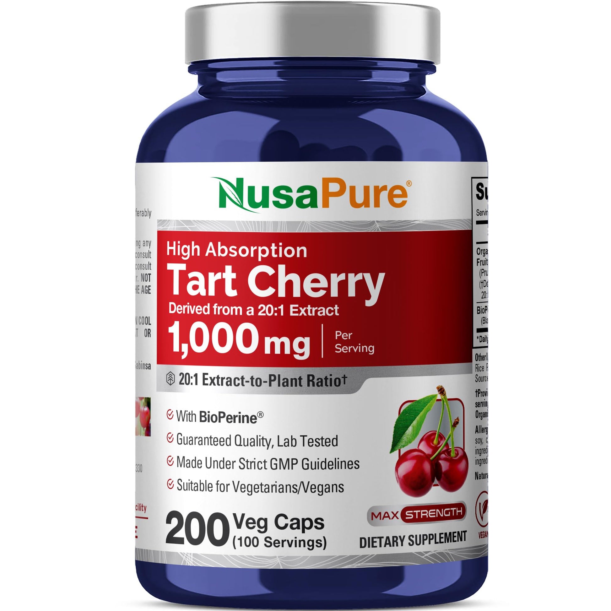 NusaPure Tart Cherry Capsules, 1000 mg, 200 Veg Capsules