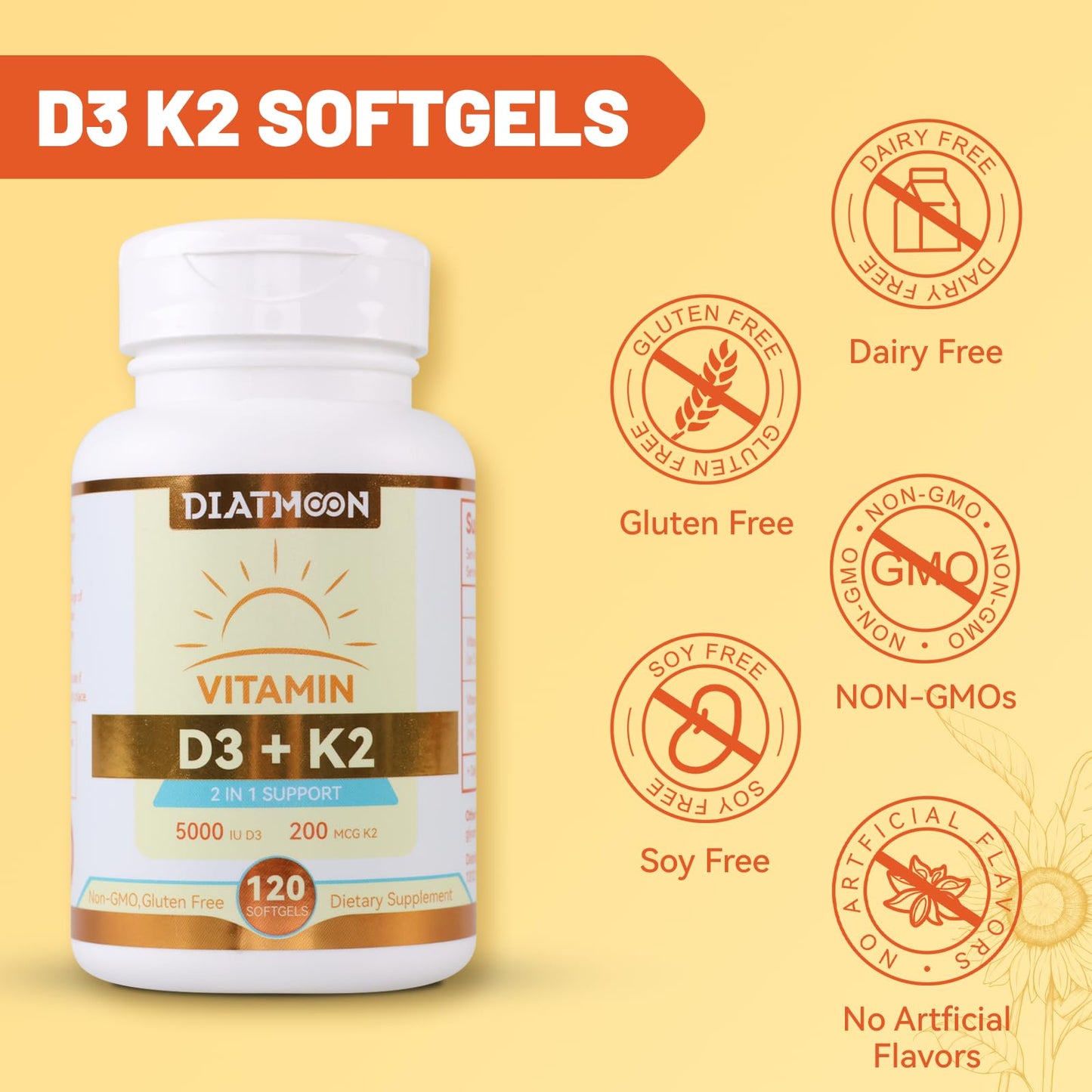 DIATMOON Vitamin D3 K2 Supplement Softgels 240 Counts