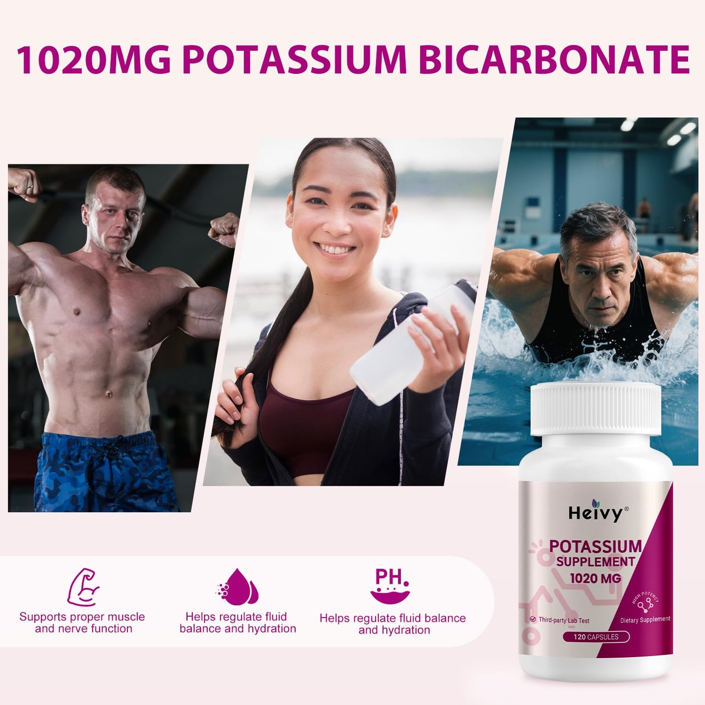 Heivy Potassium Supplement 1020 mg Potassium Bicarbonate, 120 Vegetarian Capsules