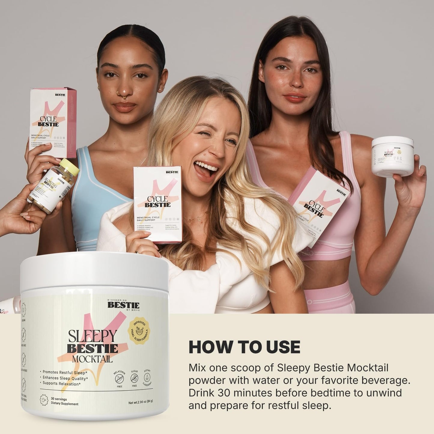 Biohacking Bestie Sleepy Bestie Mocktail Powder Magnesium Citrate & Glycinate for Sleep, L-Theanine & Tart Cherry Extract, Gluten Free 2.96 oz