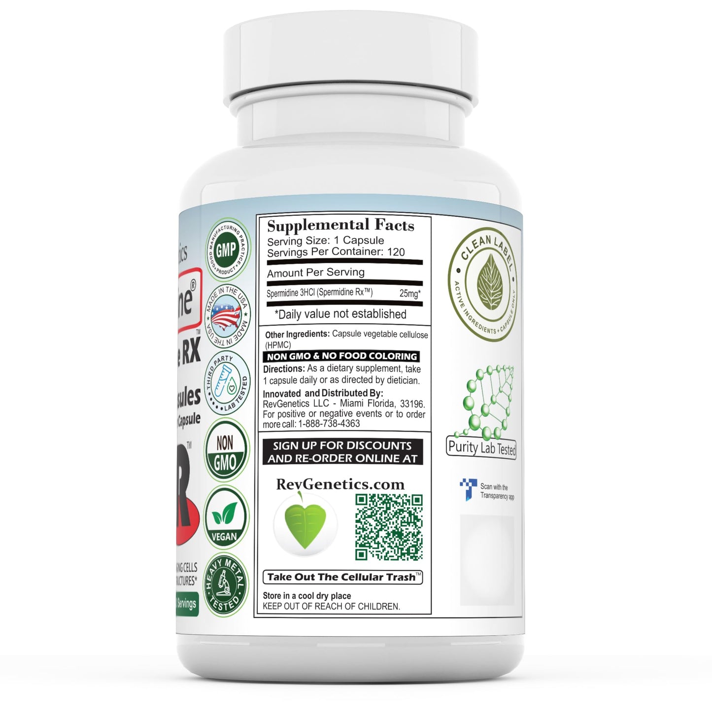 REVGENETICS Spermidine 3000mg Total, 25mg Spermidine HCl Capsule, 120 Count