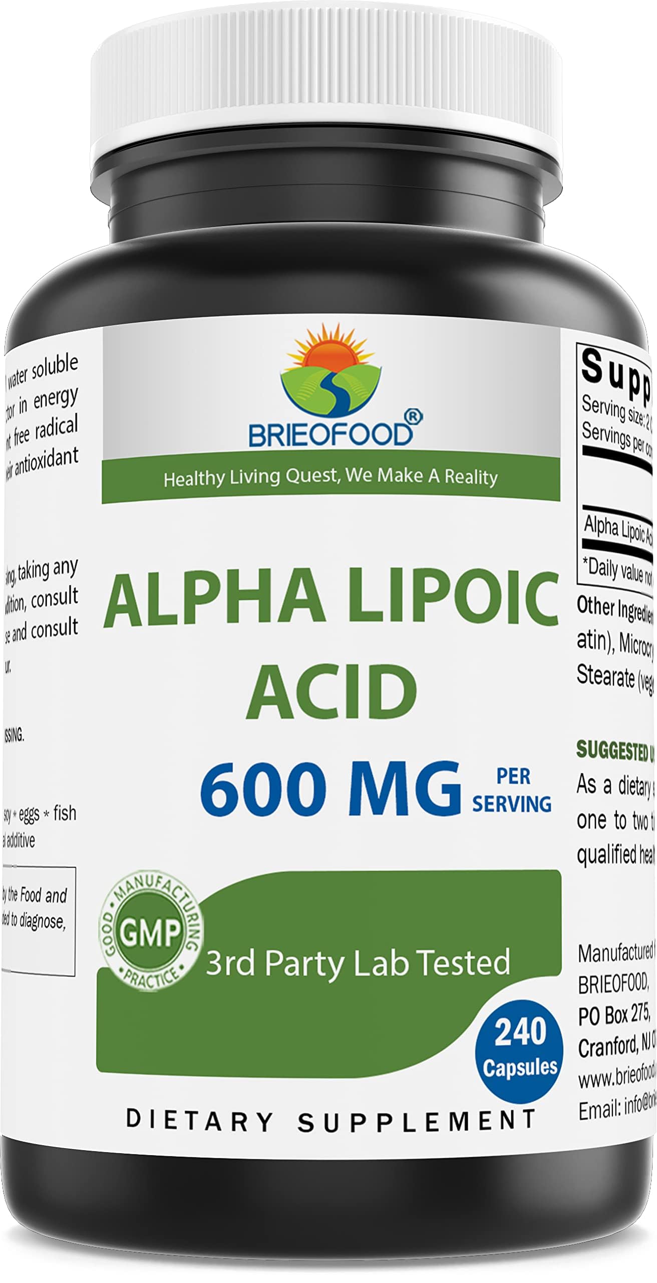 Brieofood Alpha Lipoic Acid 600mg Capsule, 240 Count, Non-GMO, Gluten Free