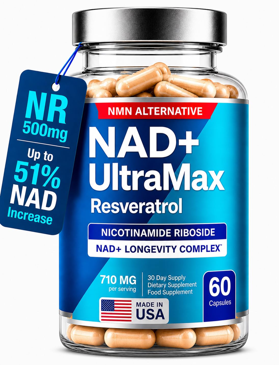 FREQNCY NAD+ NR Trans Resveratrol Supplement, 500mg Nicotinamide Riboside, Quercetin and Galactomannans, Capsule, 60 Capsules