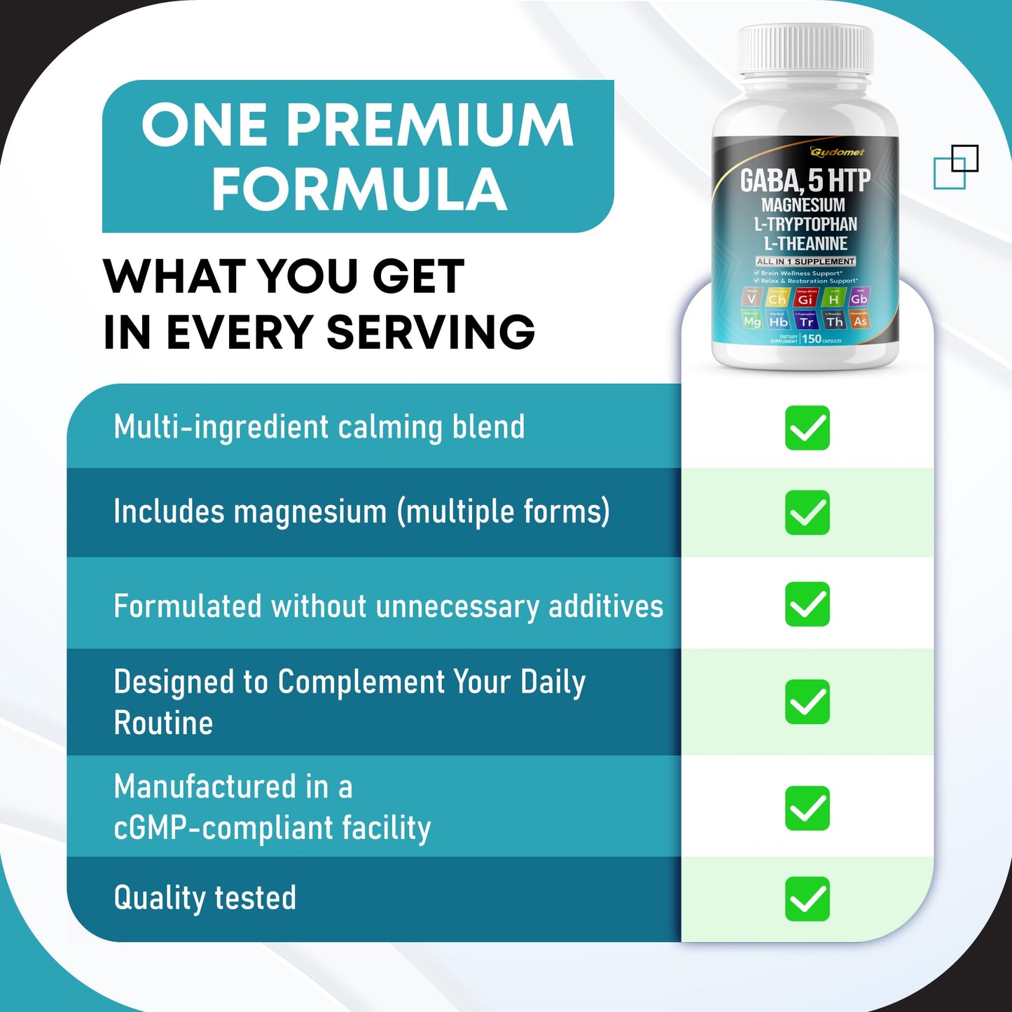 GUDOMET GABA 5-HTP L-Tryptophan L-Theanine Vitamin D3 Vitamin B6 Holy Basil Valerian Chamomile Ginkgo Biloba Ginger Capsules 150