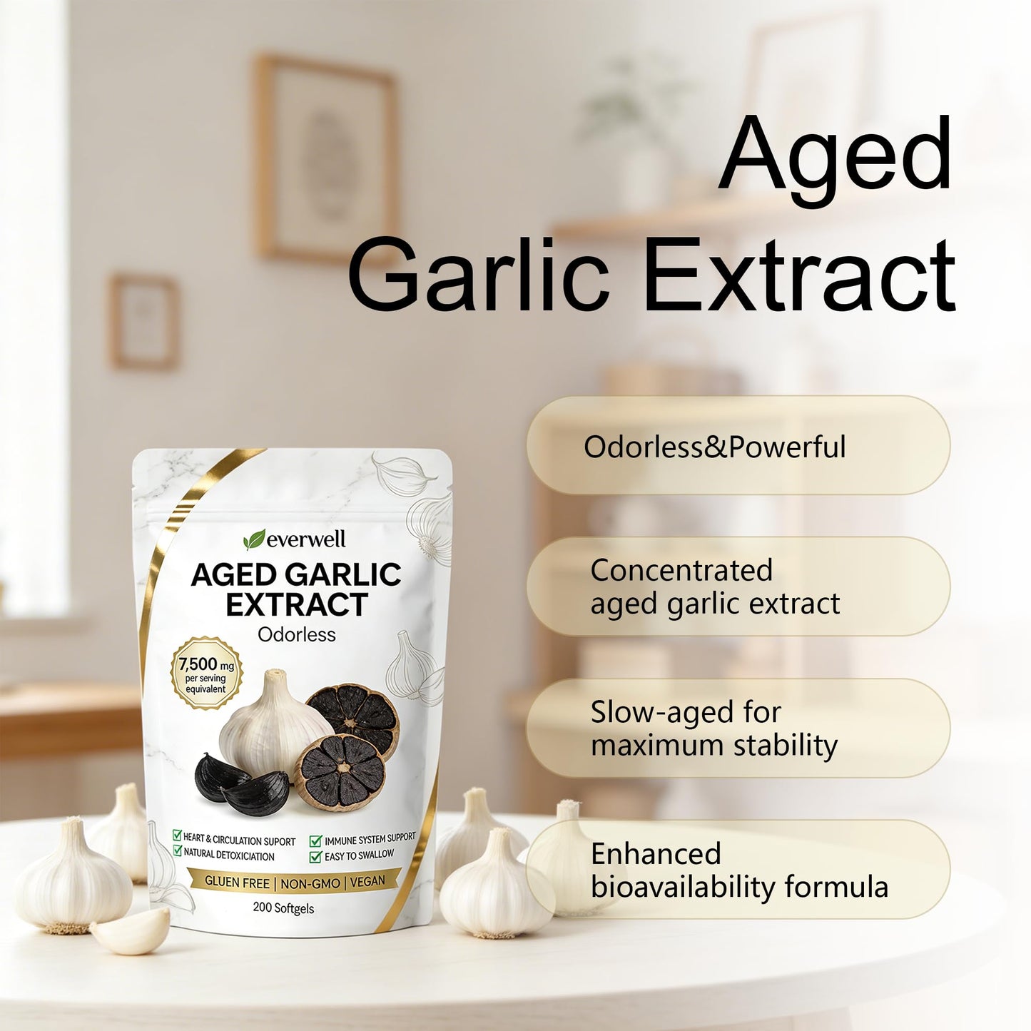 motilli Everwell Aged Garlic Extract Odorless Garlic Supplement Softgels 200 Count