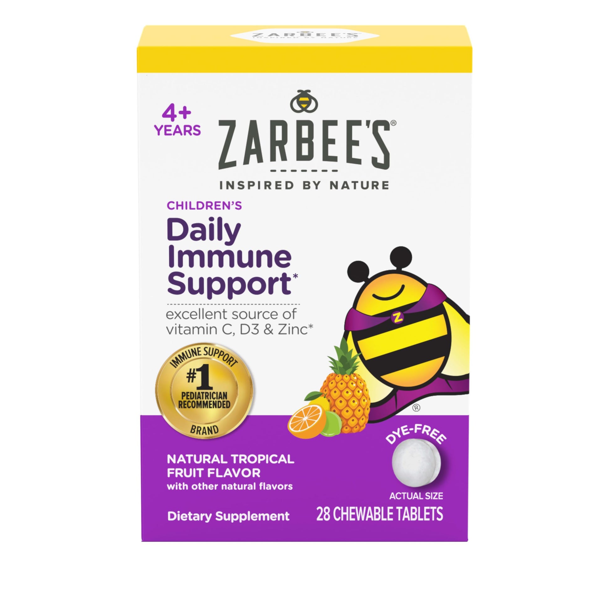 Zarbee's Kids Immune Support Vitamin C, D & Zinc Daily Immunity Vitamins for Children 4+ Years, Chewable Tablets, 28 Count