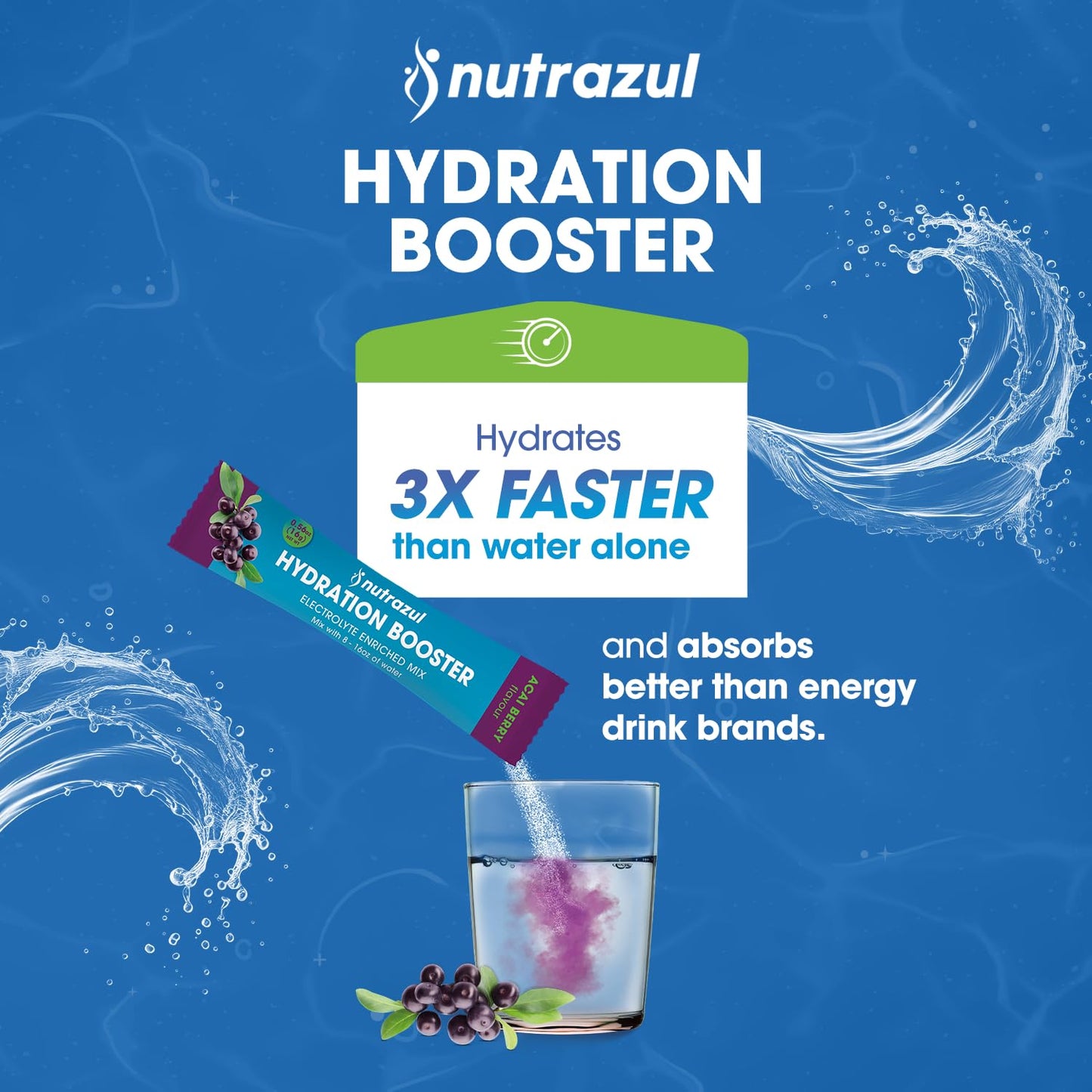 Nutrazul Hydration Booster Electrolytes Powder Sticks Acai Berry Flavor, 90 Sticks