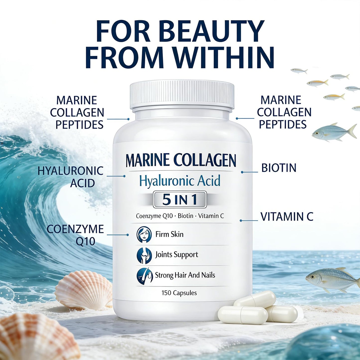Roreiye Marine Collagen + Hyaluronic Acid 5 in 1 Premium Formula Capsules, 150 Count