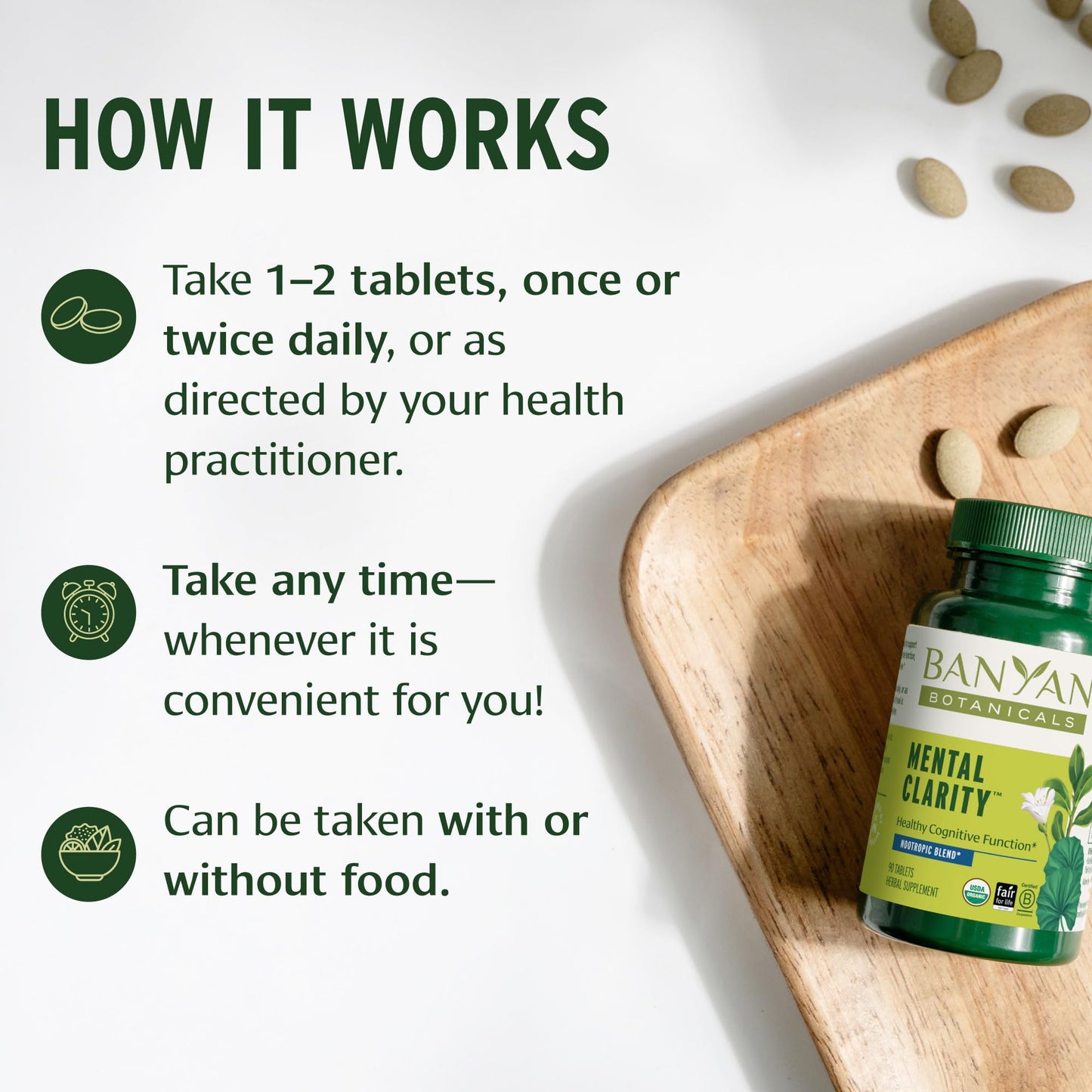 Banyan Botanicals Organic Mental Clarity – Herbal Alertness & Focus Supplement with Bacopa & Gotu Kola – Natural Support for a Calm Mind & Sustainable Mental Energy, 90 Tablets