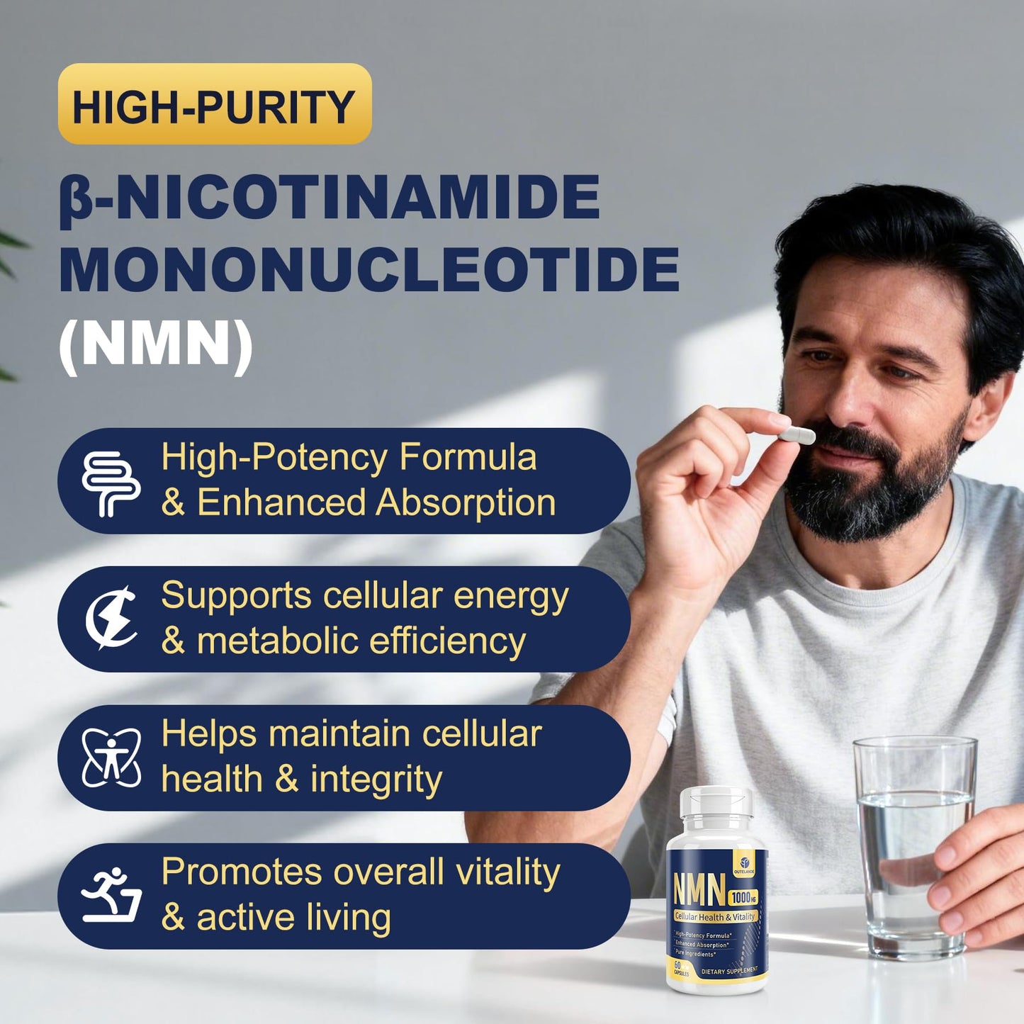 OUTELANDE NMN Supplement (Nicotinamide Mononucleotide) - 6-in-1 NAD Support with Quercetin, TMG, Resveratrol, Spermidine & Black Pepper Extract, Capsules, 60 Count
