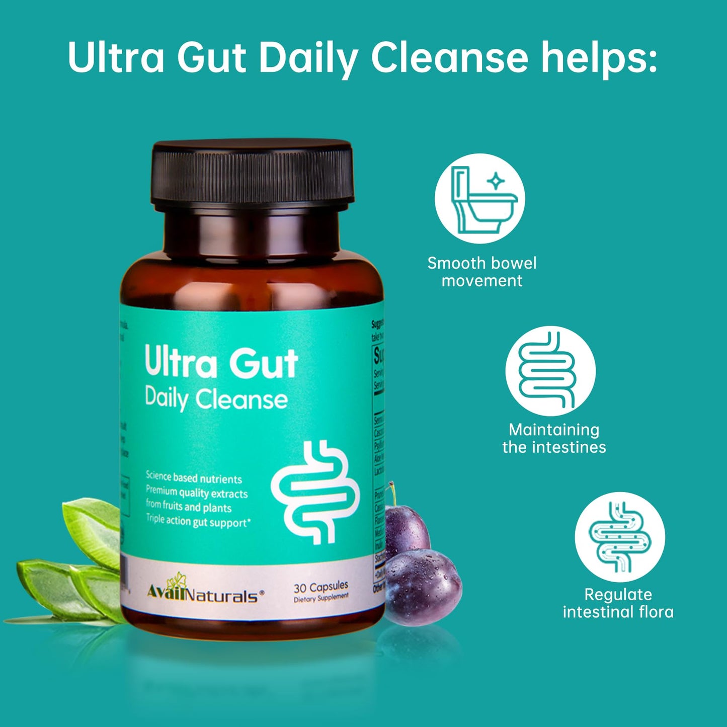 AvailNaturals Ultra Gut Daily Cleanse - 15 Day Detox Cleanse with Cascara Sagrada, Senna Leaf, Psyllium Husk Dietary Fiber, 2.5B CFU Probiotics Gut Health Support, 30 Capsules