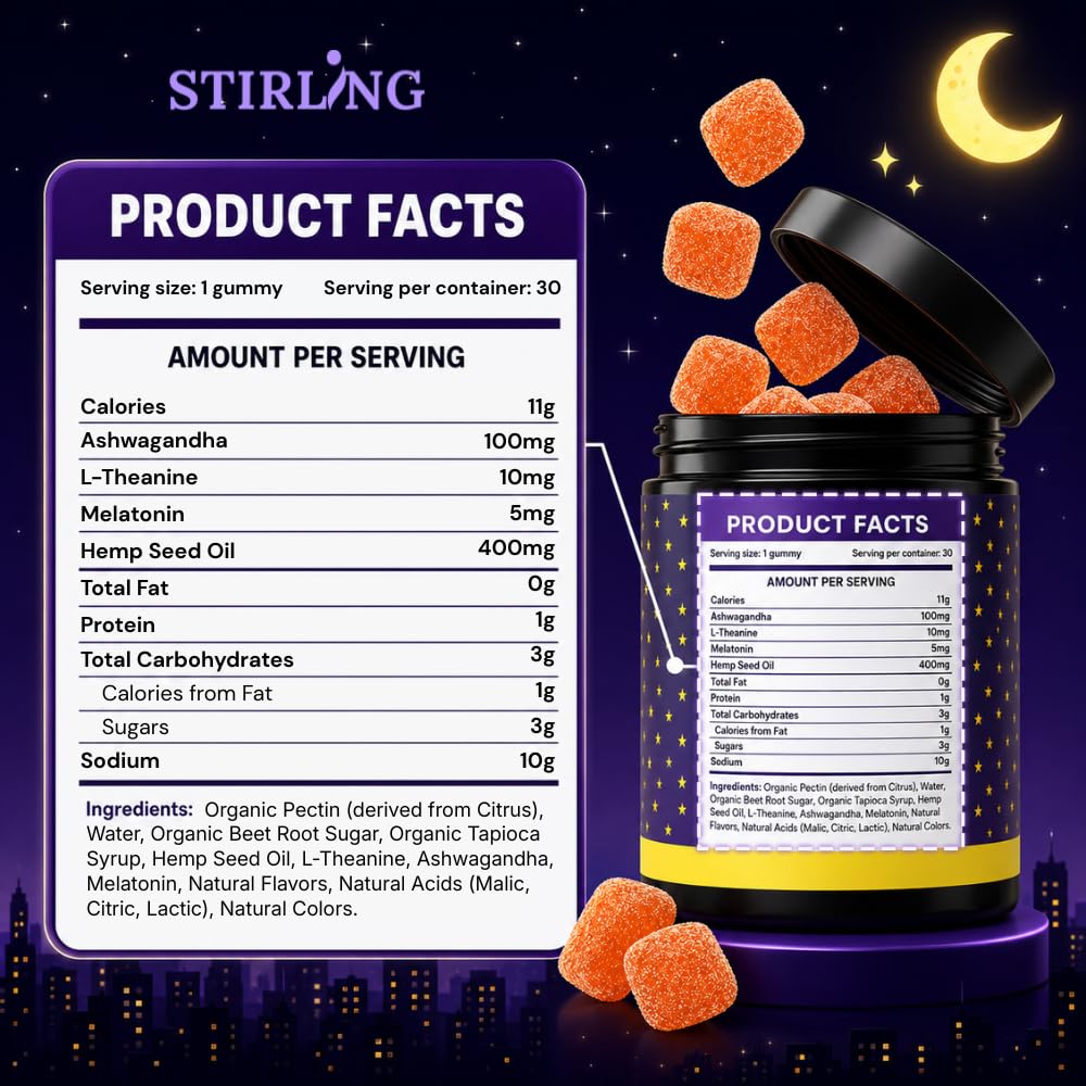 STIRLING Sleep Gummies with Hemp Seed Oil, Orange Creamsicle Flavor, 30 Count