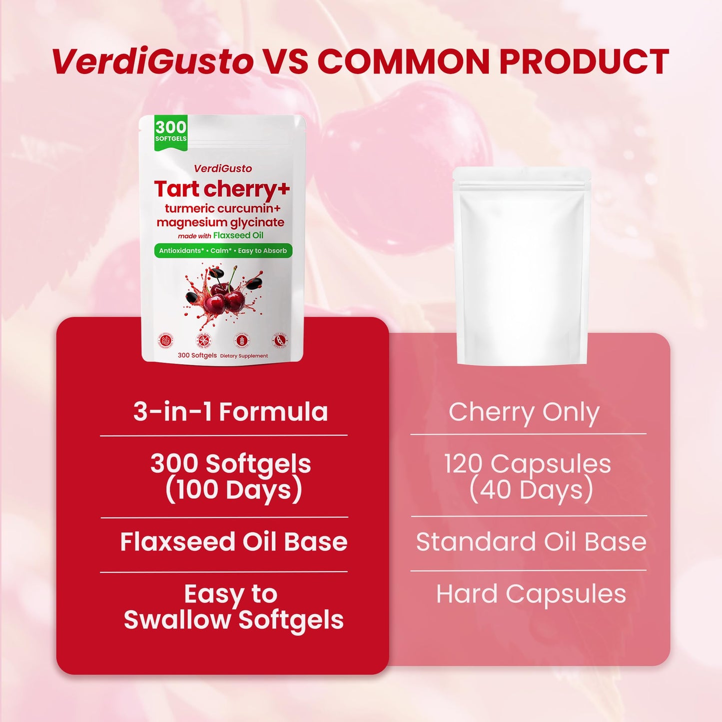VerdiGusto Tart Cherry Softgel 500mg Cherry Extract Supplement, 300 Count