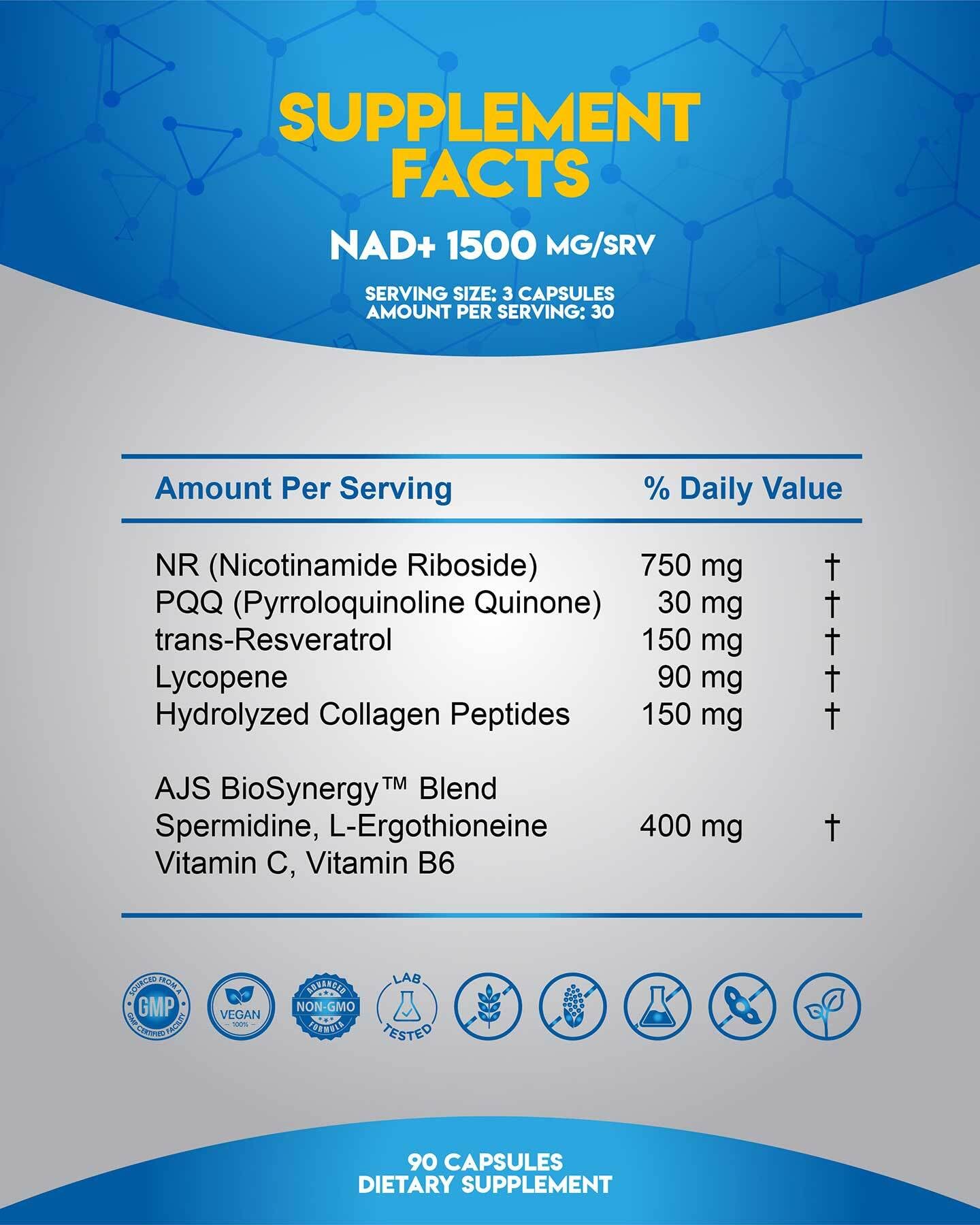 AJS Nutrition NAD+ Cellular Energy NR Supplement with PQQ, Resveratrol, Lycopene, Spermidine, L-Ergothioneine, and Collagen Peptides, 90 Capsules