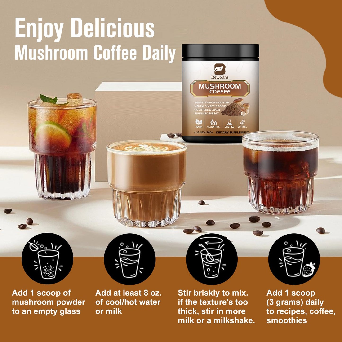 B BEWORTHS Mushroom Coffee Mix Arabica Instant Coffee Low Roast 30% Beta-Glucans Powder 8.46 Ounces