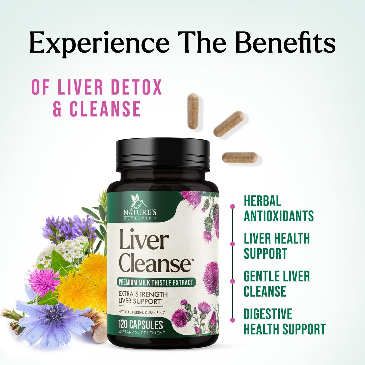 Nature's Nutrition Gentle Liver Cleanse Detox & Repair Formula - Herbal Liver Supplement - Milk Thistle with Silymarin, Artichoke Extract, Dandelion, Beet Root, Chicory & Turmeric to Support Liver Health 120 Capsules