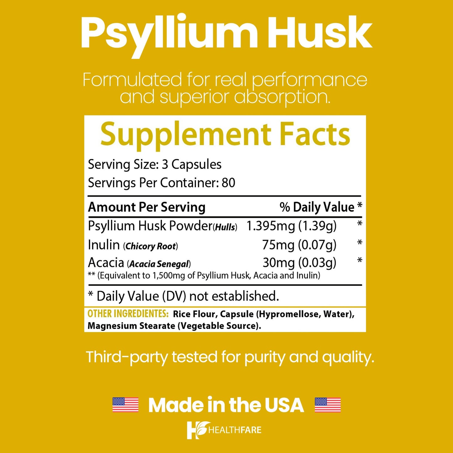 Healthfare Psyllium Husk Fiber 1500mg Capsules, 240 Count