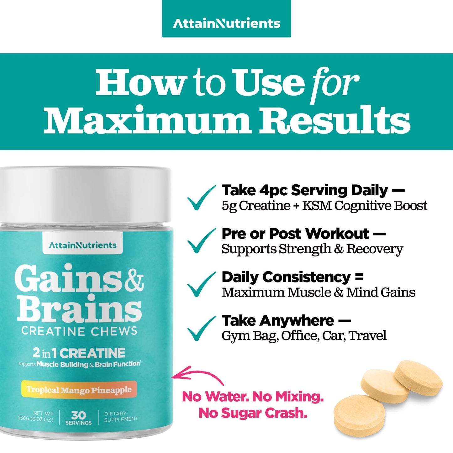 Attain Nutrients Creatine Chews 5000mg Creatine Monohydrate with Ashwagandha KSM-66, Chewable, 30 Count