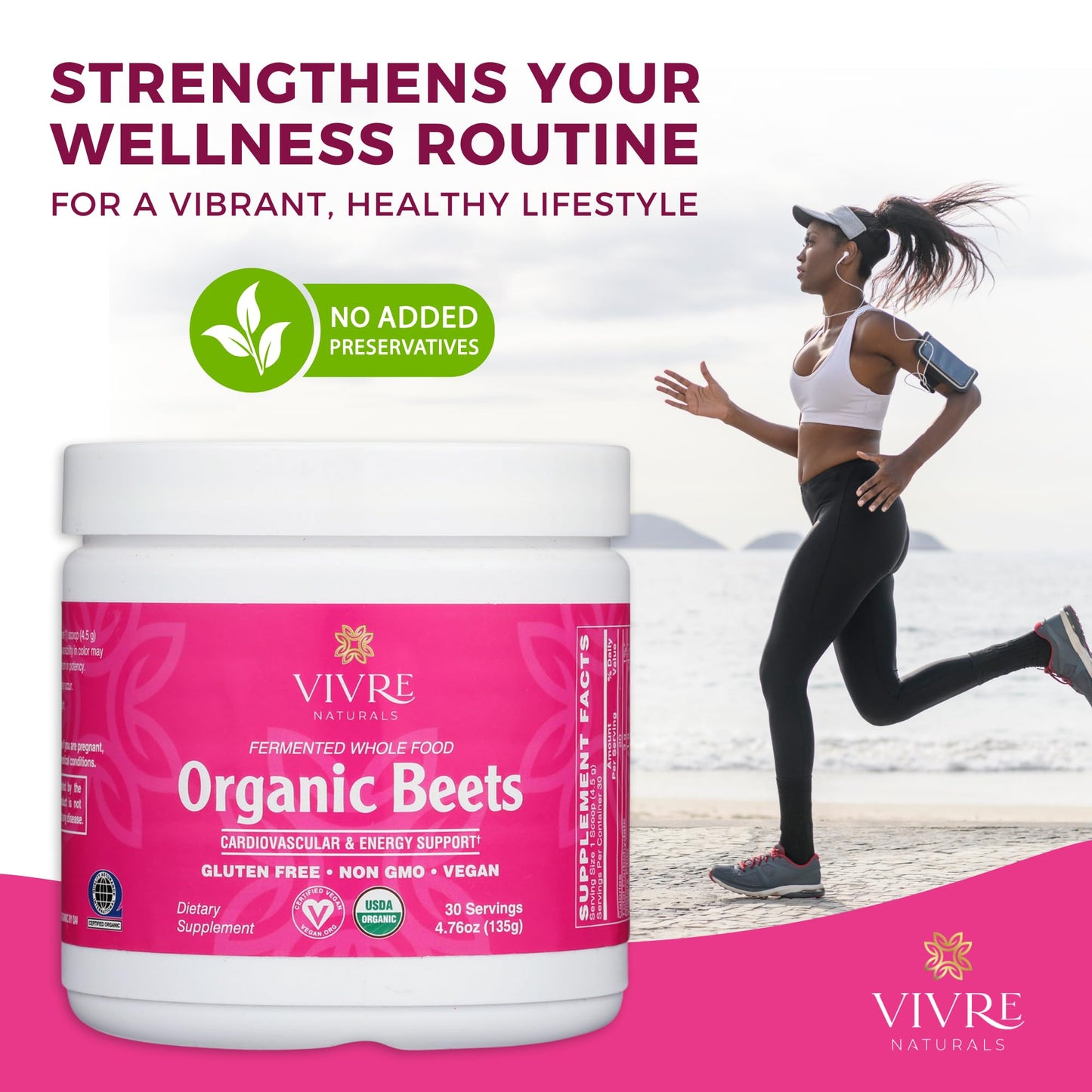 Vivre Naturals Fermented Whole Food Organic Beet Powder, 30 Servings