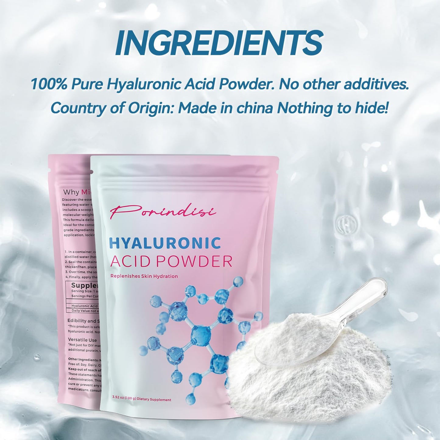 Porindisi Pure Hyaluronic Acid Powder, 3.52 oz