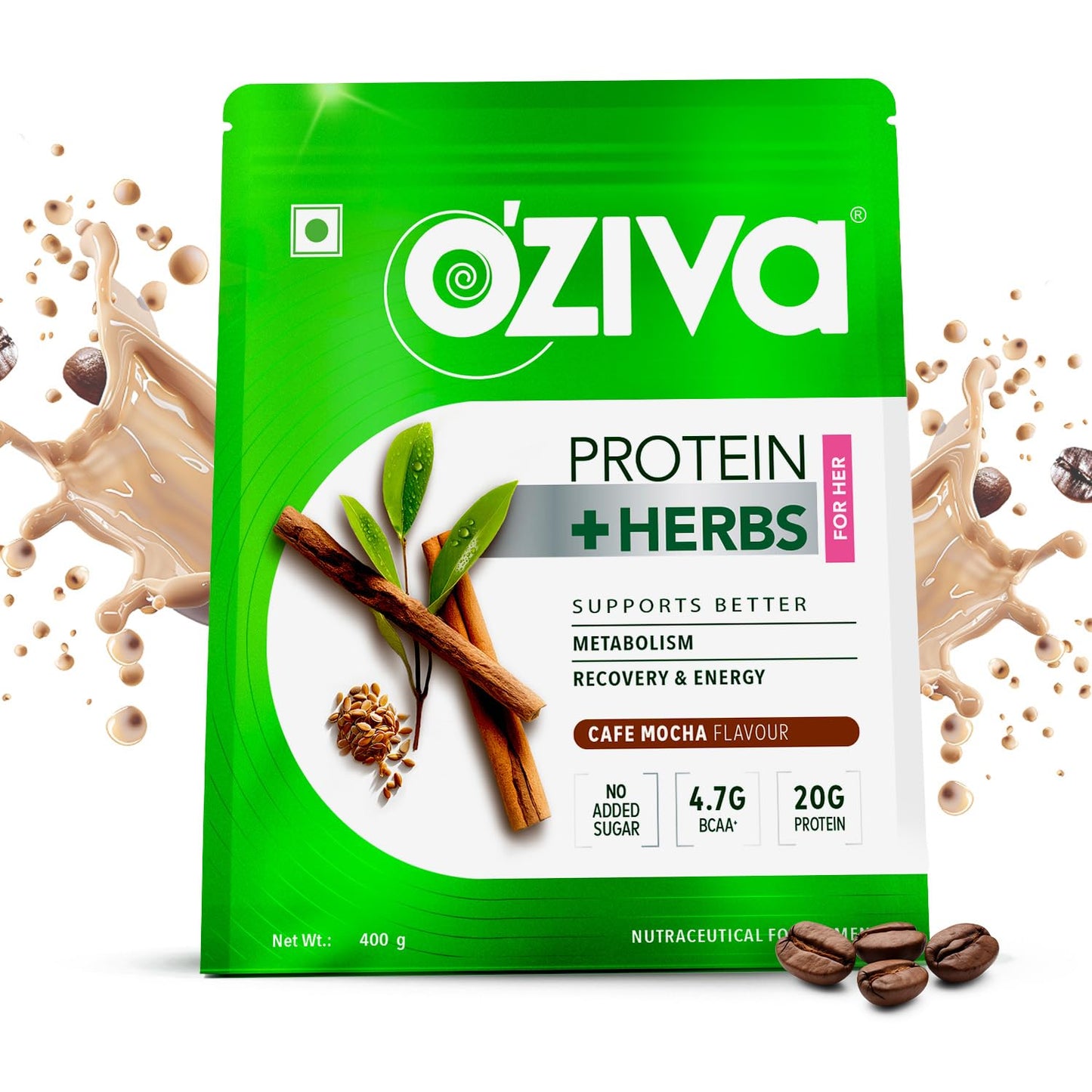 OZIVA Protein & Herbs for Women with Multivitamins, Curcumin, Shatavari, Tulsi, Protein Powder, Cafe Mocha, 1.1 lb