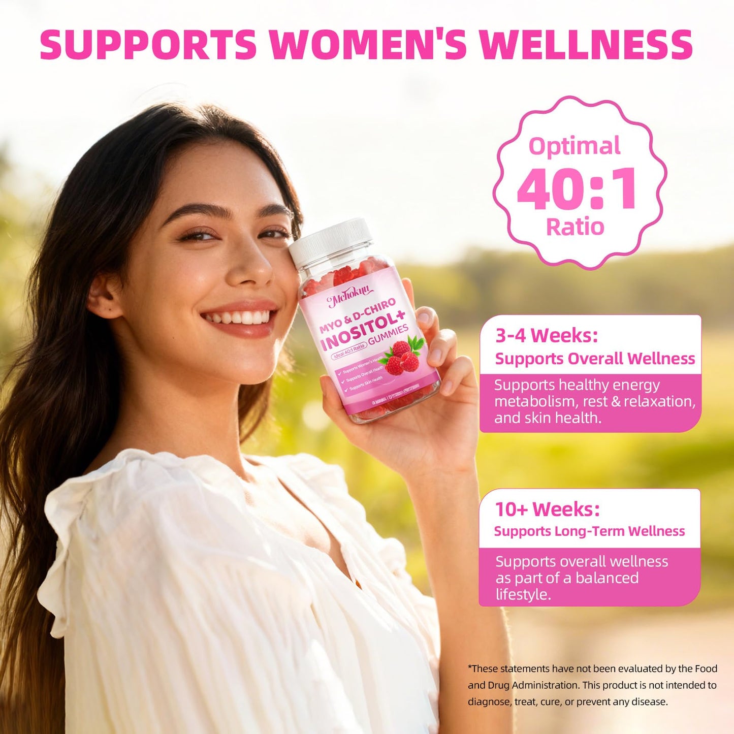 Mchokuu Myo-Inositol & D-Chiro Inositol Gummies, Ideal 40:1 Ratio Supplement for Women with Vitamin D3 & B12 for Support Hormonal Balance & Wellness, Sugar Free, Raspberry, 60 Count