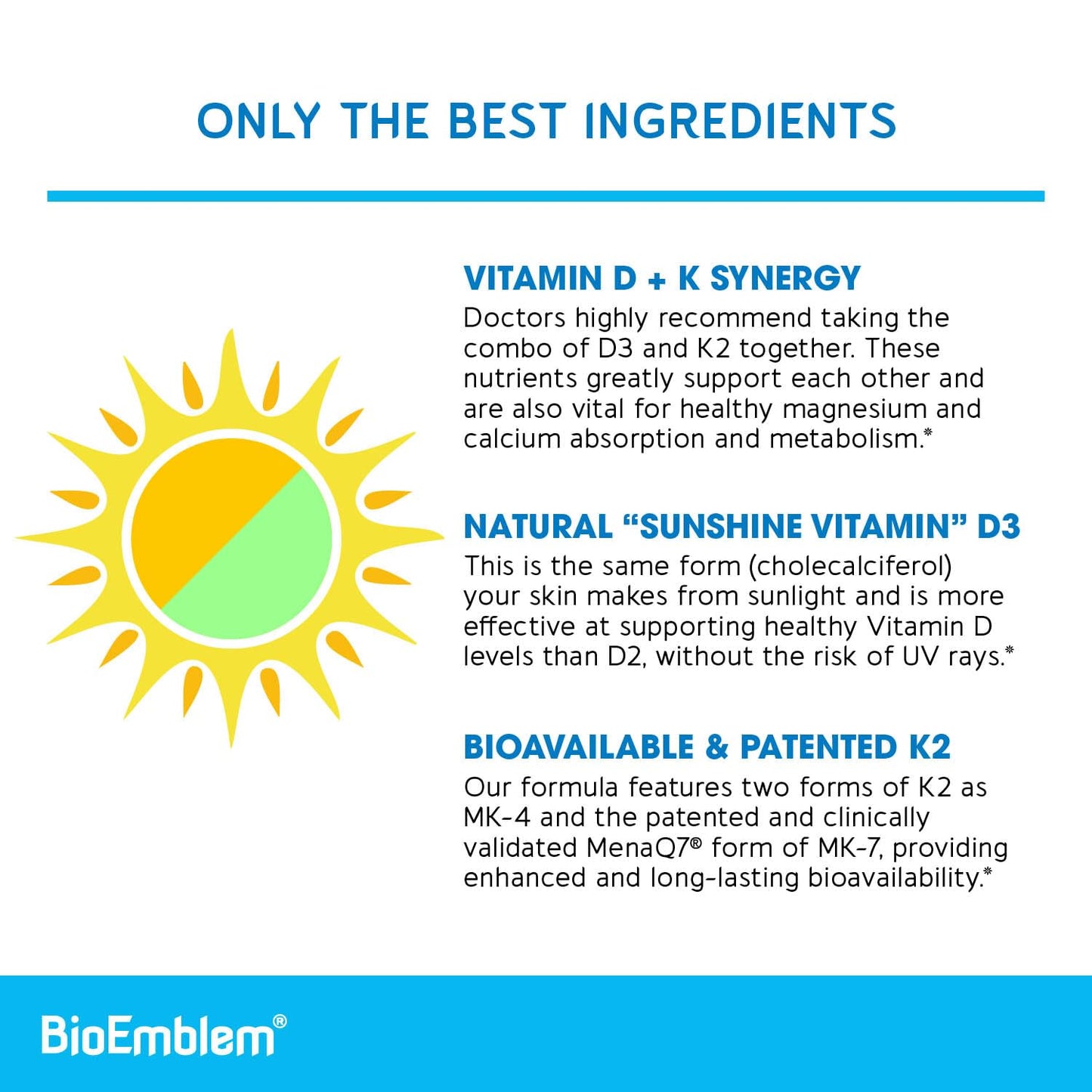 BioEmblem Vitamin D3 K2 Capsules (5000IU and 200mcg) and NAD+ Supplement, 135 Capsules